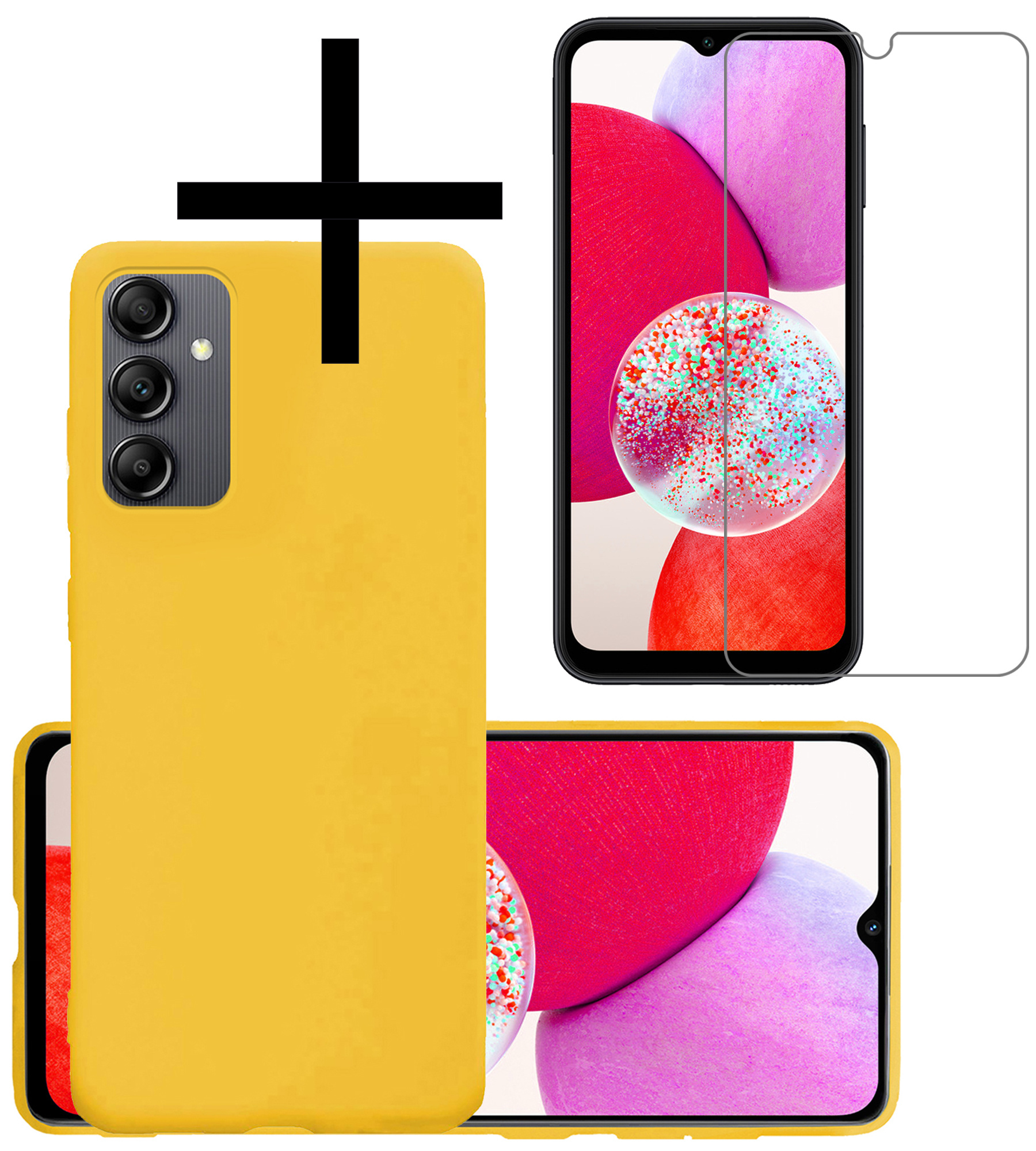 NoXx Hoes Geschikt voor Samsung A14 Hoesje Cover Siliconen Back Case Hoes Met Screenprotector - Geel