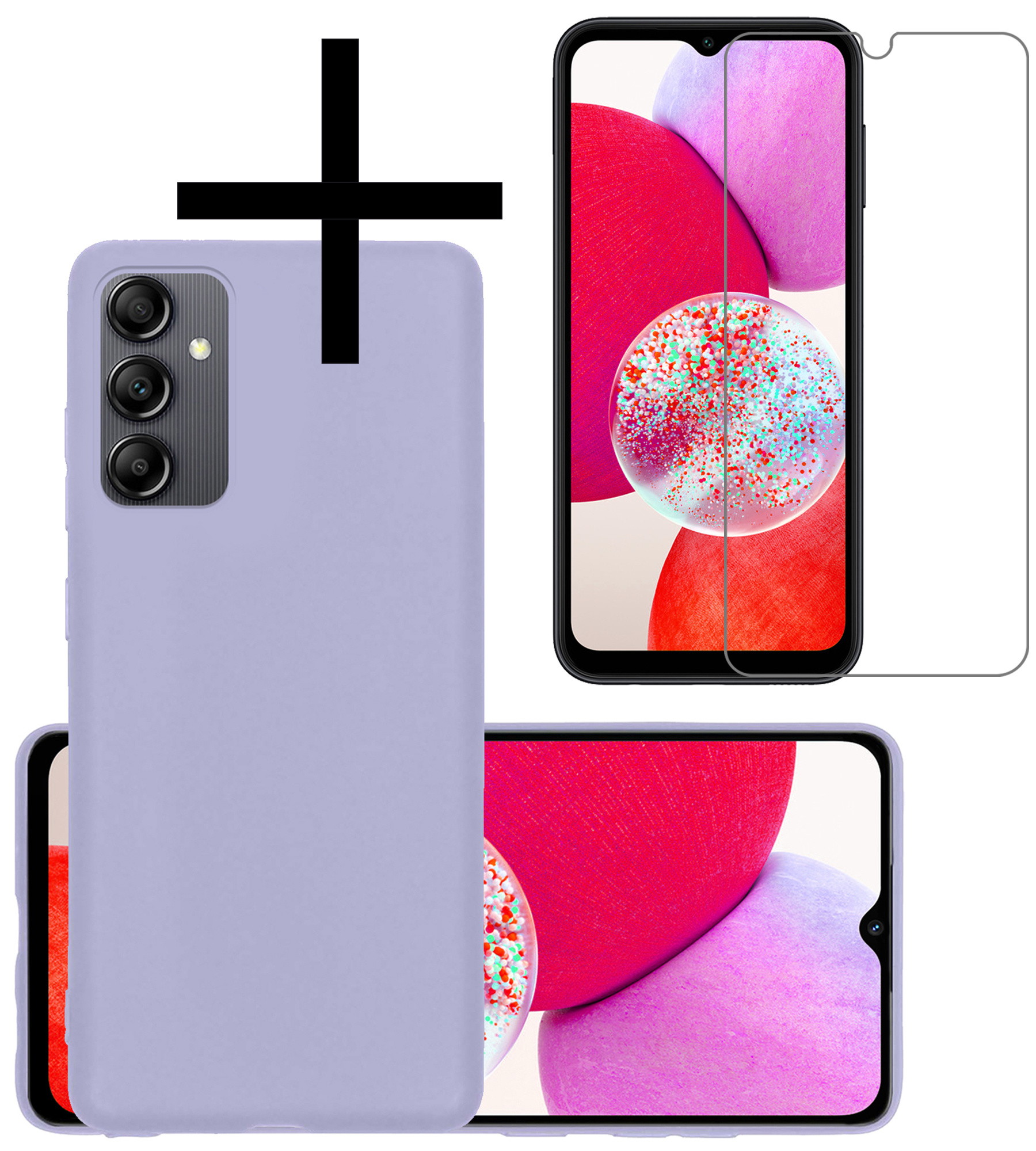 NoXx Hoes Geschikt voor Samsung A14 Hoesje Cover Siliconen Back Case Hoes Met Screenprotector - Lila