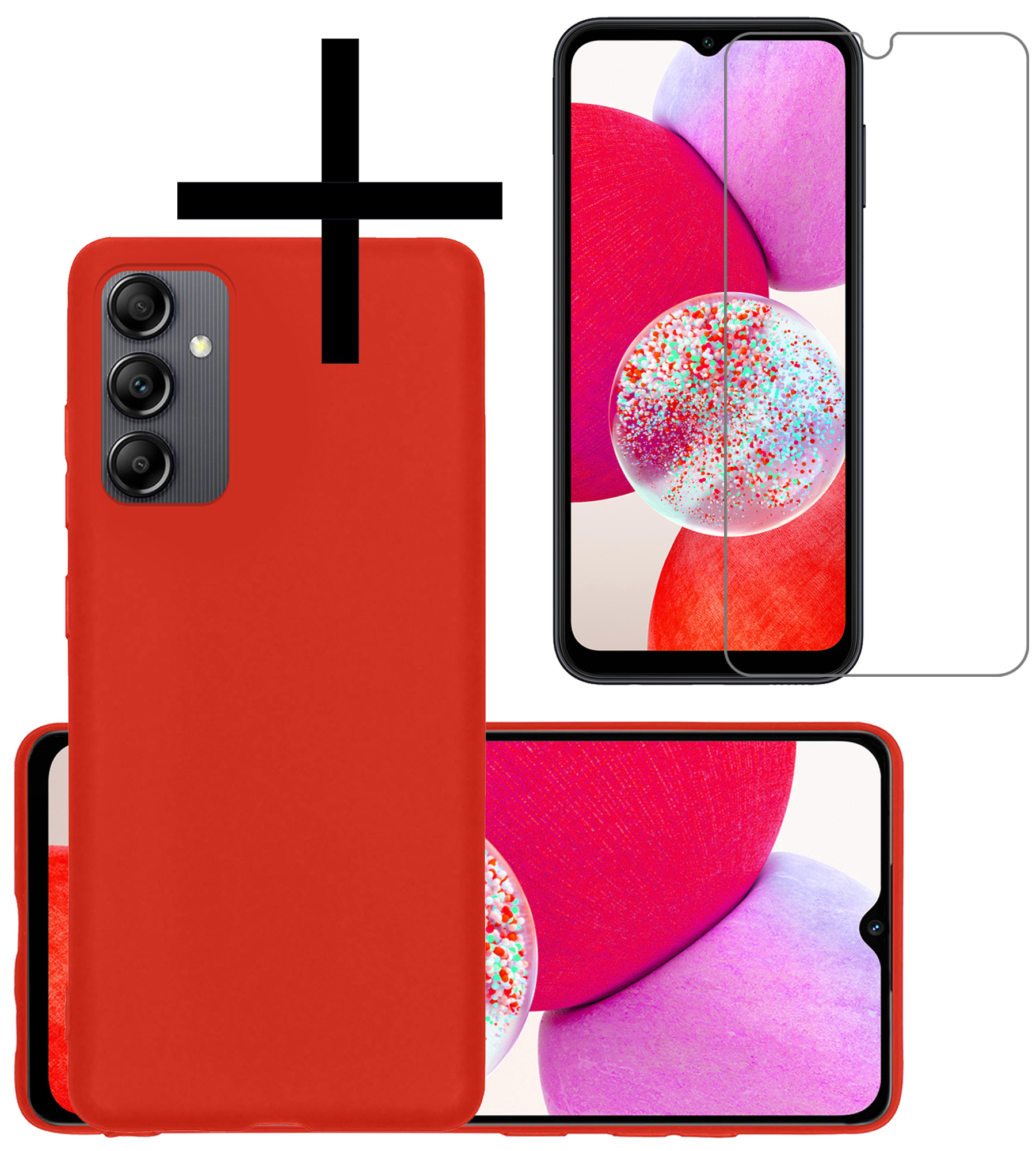 NoXx Hoes Geschikt voor Samsung A14 Hoesje Cover Siliconen Back Case Hoes Met Screenprotector - Rood