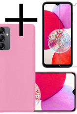 NoXx Hoes Geschikt voor Samsung A14 Hoesje Cover Siliconen Back Case Hoes Met Screenprotector - Roze