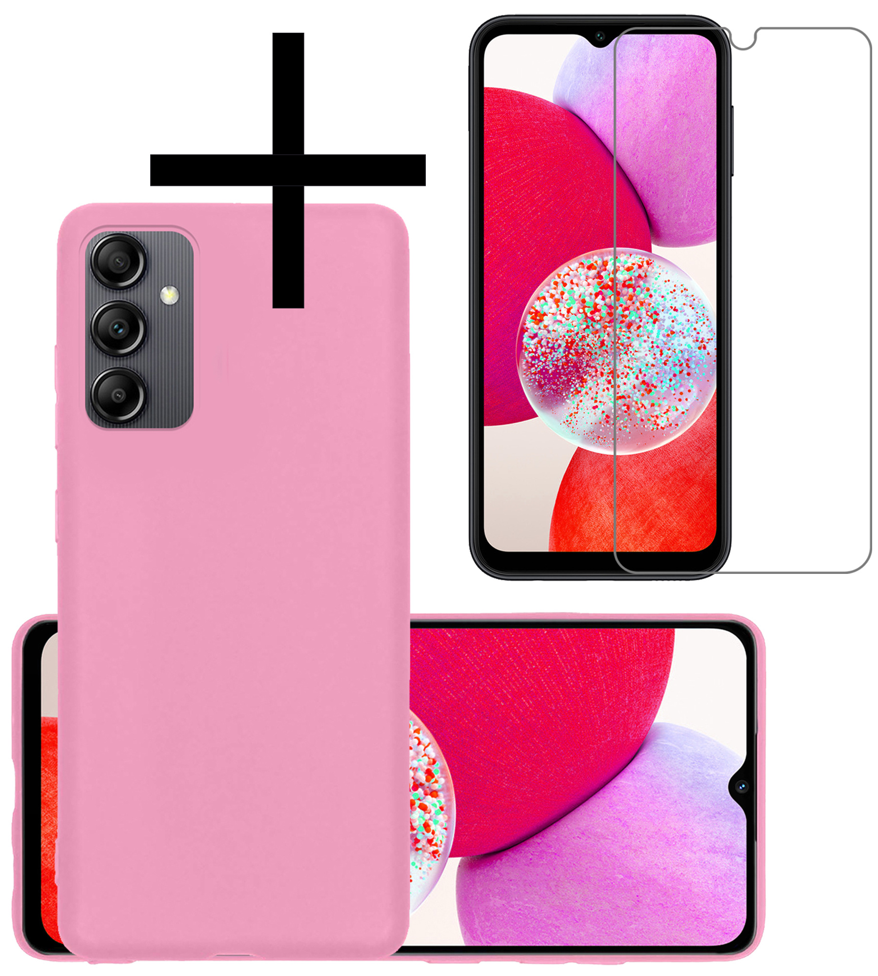 NoXx Hoes Geschikt voor Samsung A14 Hoesje Cover Siliconen Back Case Hoes Met Screenprotector - Roze