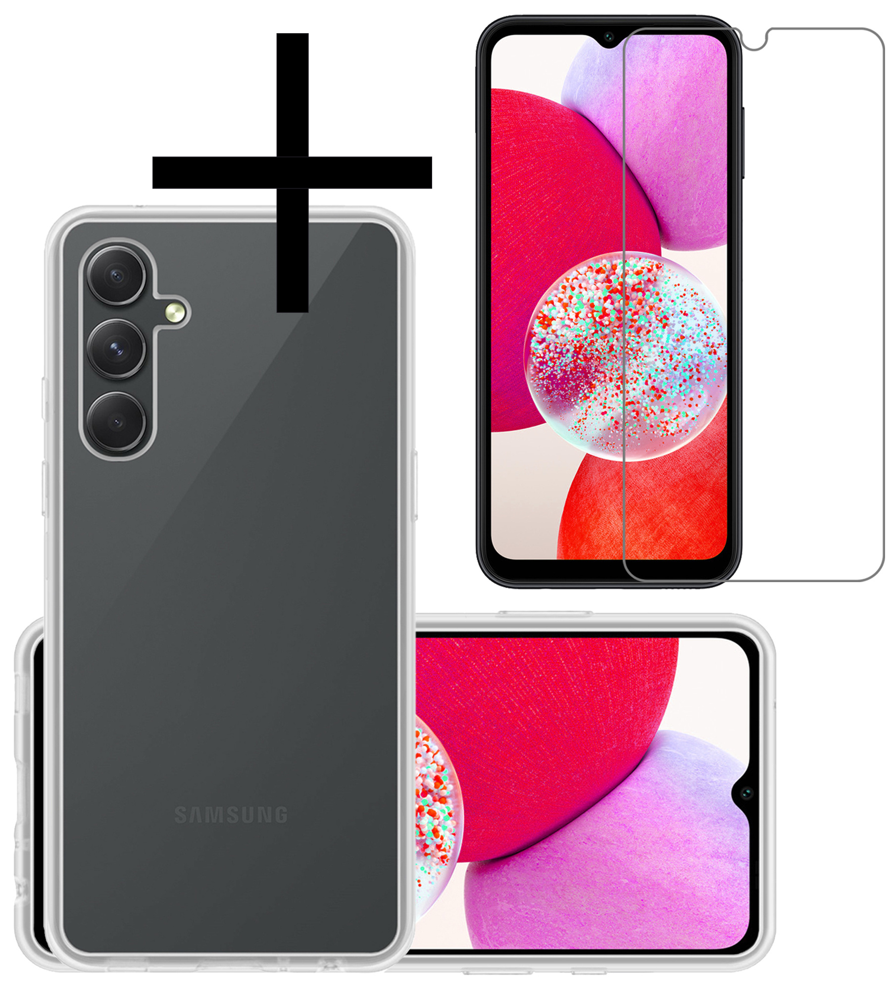 NoXx Hoes Geschikt voor Samsung A14 Hoesje Cover Siliconen Back Case Hoes Met Screenprotector - Transparant