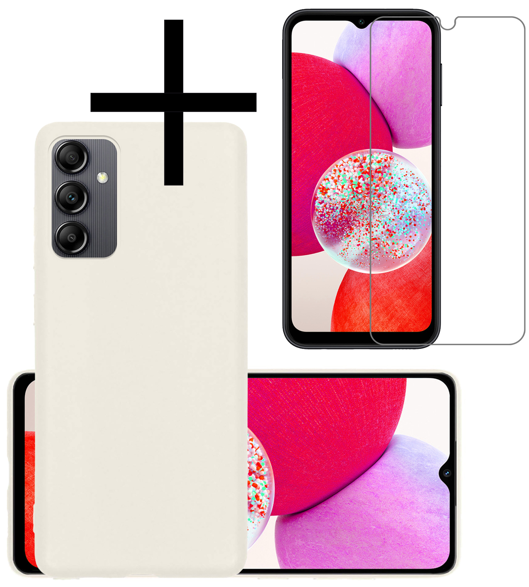 NoXx Hoes Geschikt voor Samsung A14 Hoesje Cover Siliconen Back Case Hoes Met Screenprotector - Wit