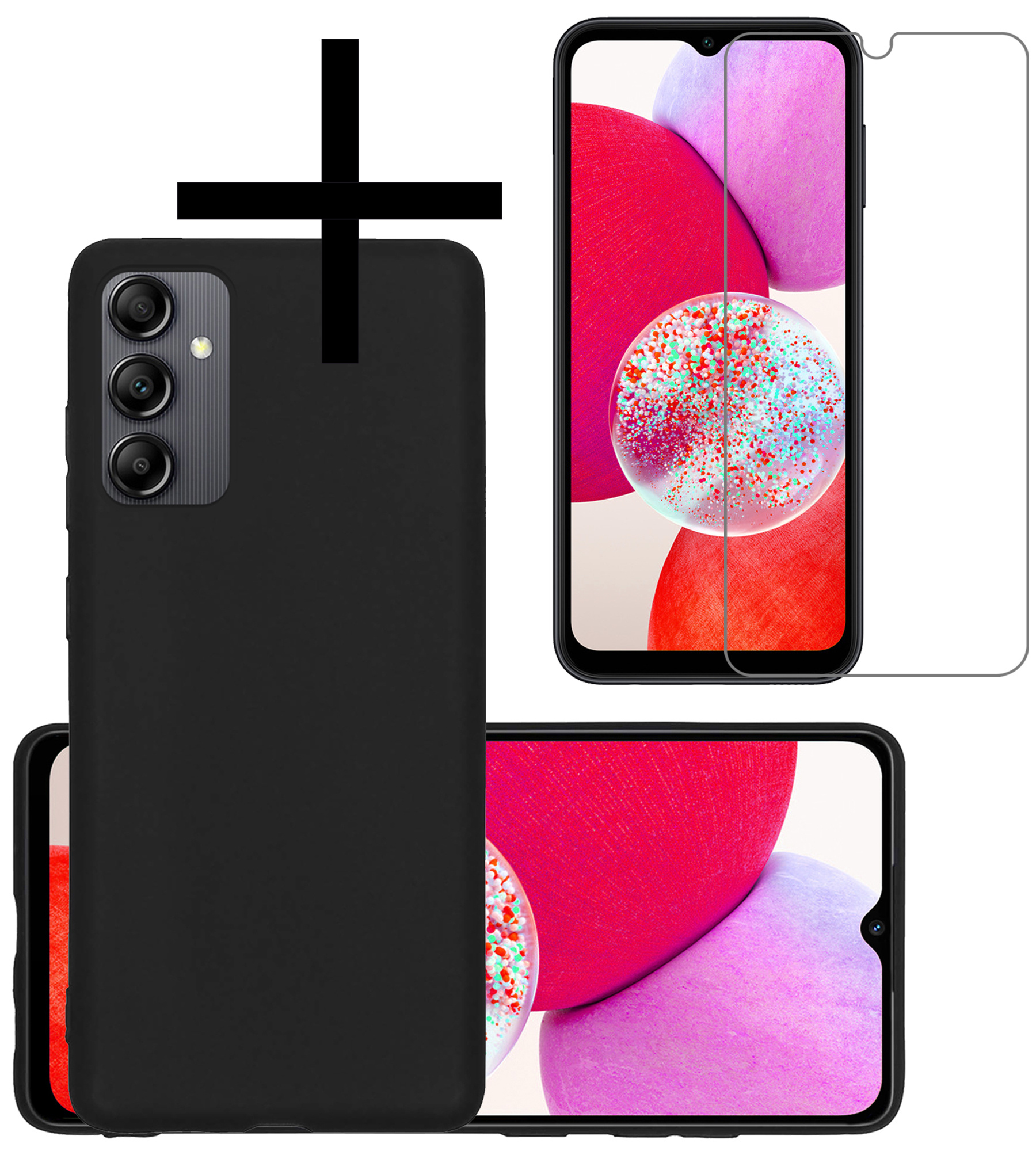 NoXx Hoes Geschikt voor Samsung A14 Hoesje Cover Siliconen Back Case Hoes Met Screenprotector - Zwart