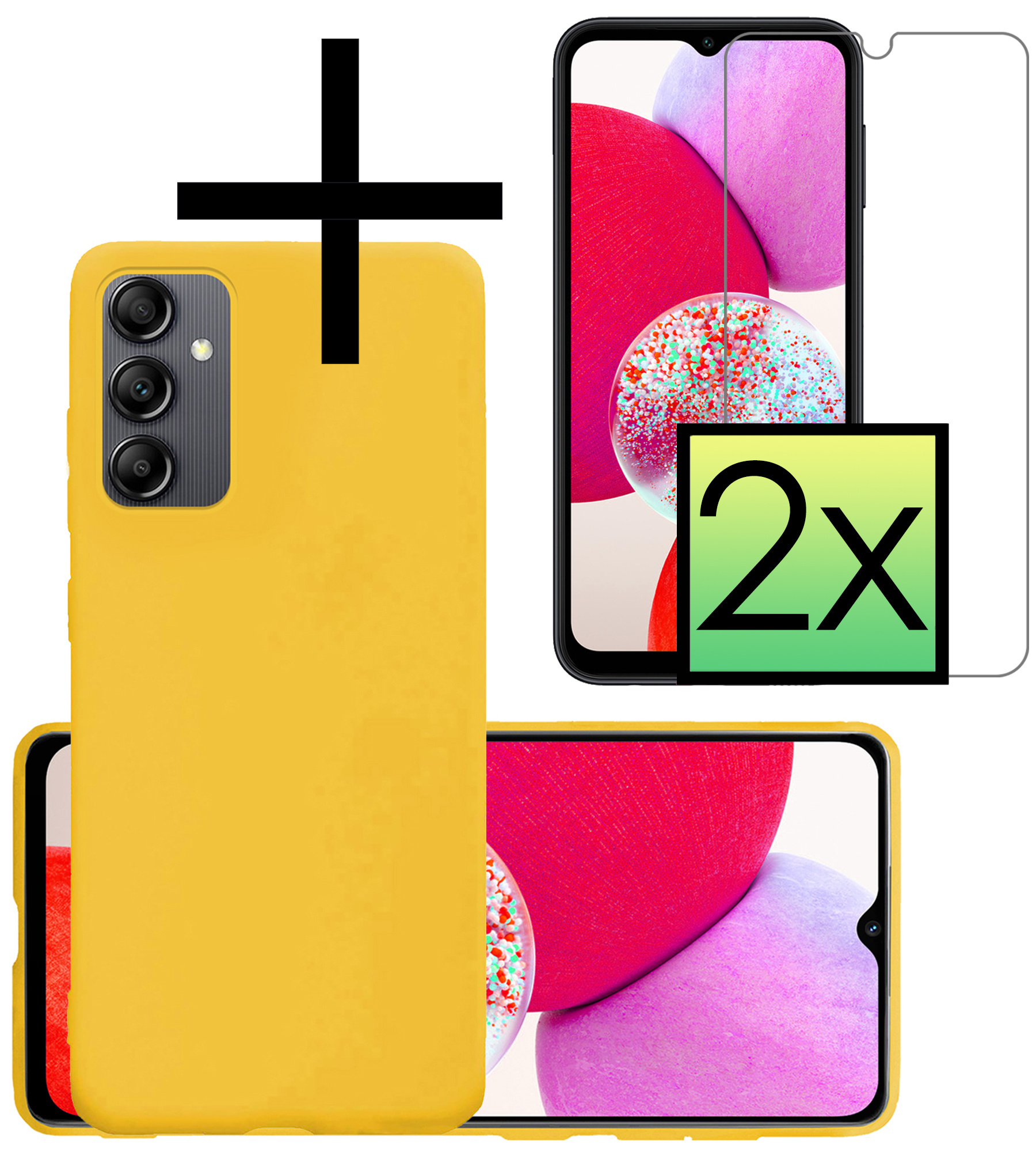 NoXx Hoes Geschikt voor Samsung A14 Hoesje Cover Siliconen Back Case Hoes Met 2x Screenprotector - Geel