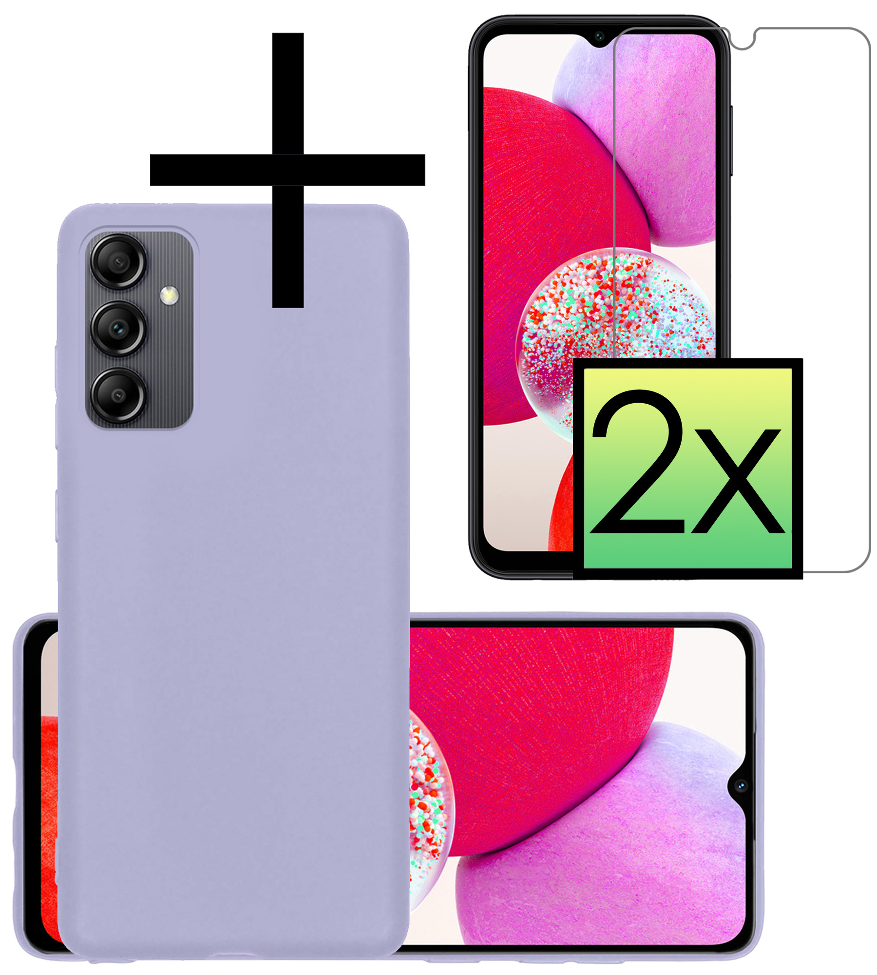 NoXx Hoes Geschikt voor Samsung A14 Hoesje Cover Siliconen Back Case Hoes Met 2x Screenprotector - Lila