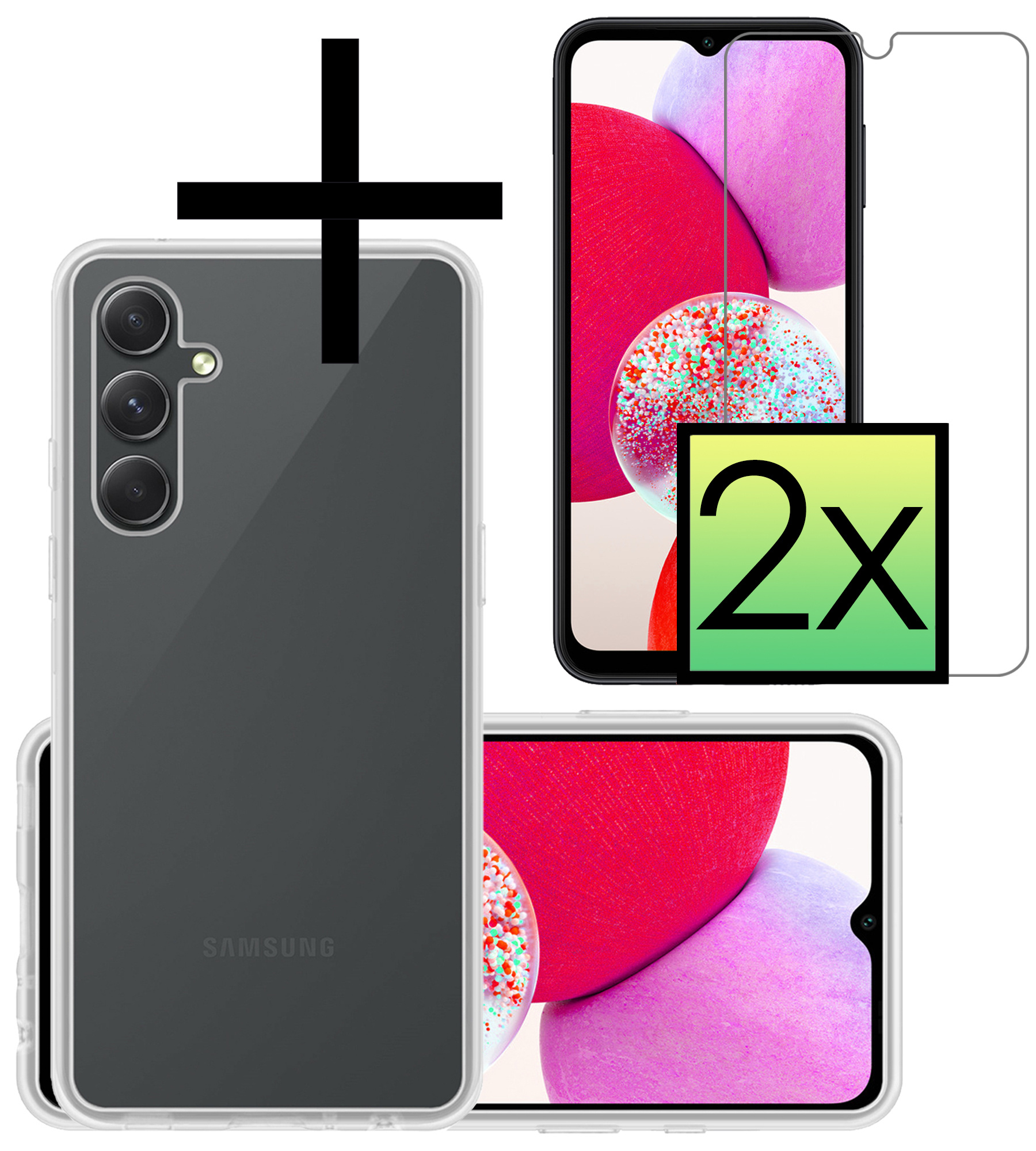 NoXx Hoes Geschikt voor Samsung A14 Hoesje Cover Siliconen Back Case Hoes Met 2x Screenprotector - Transparant