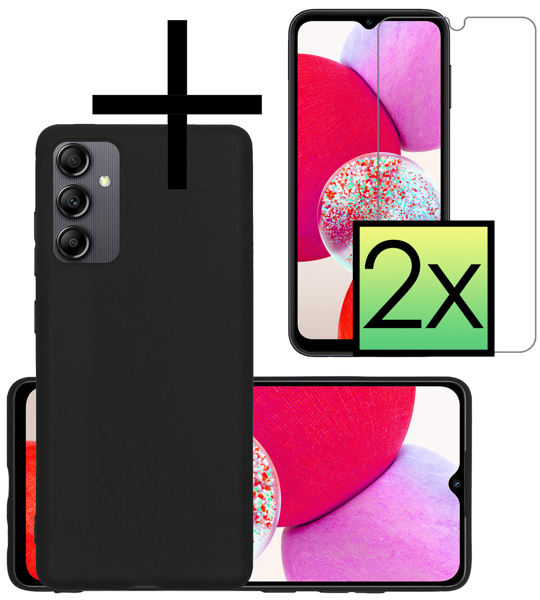 NoXx Hoes Geschikt voor Samsung A14 Hoesje Cover Siliconen Back Case Hoes Met 2x Screenprotector - Zwart