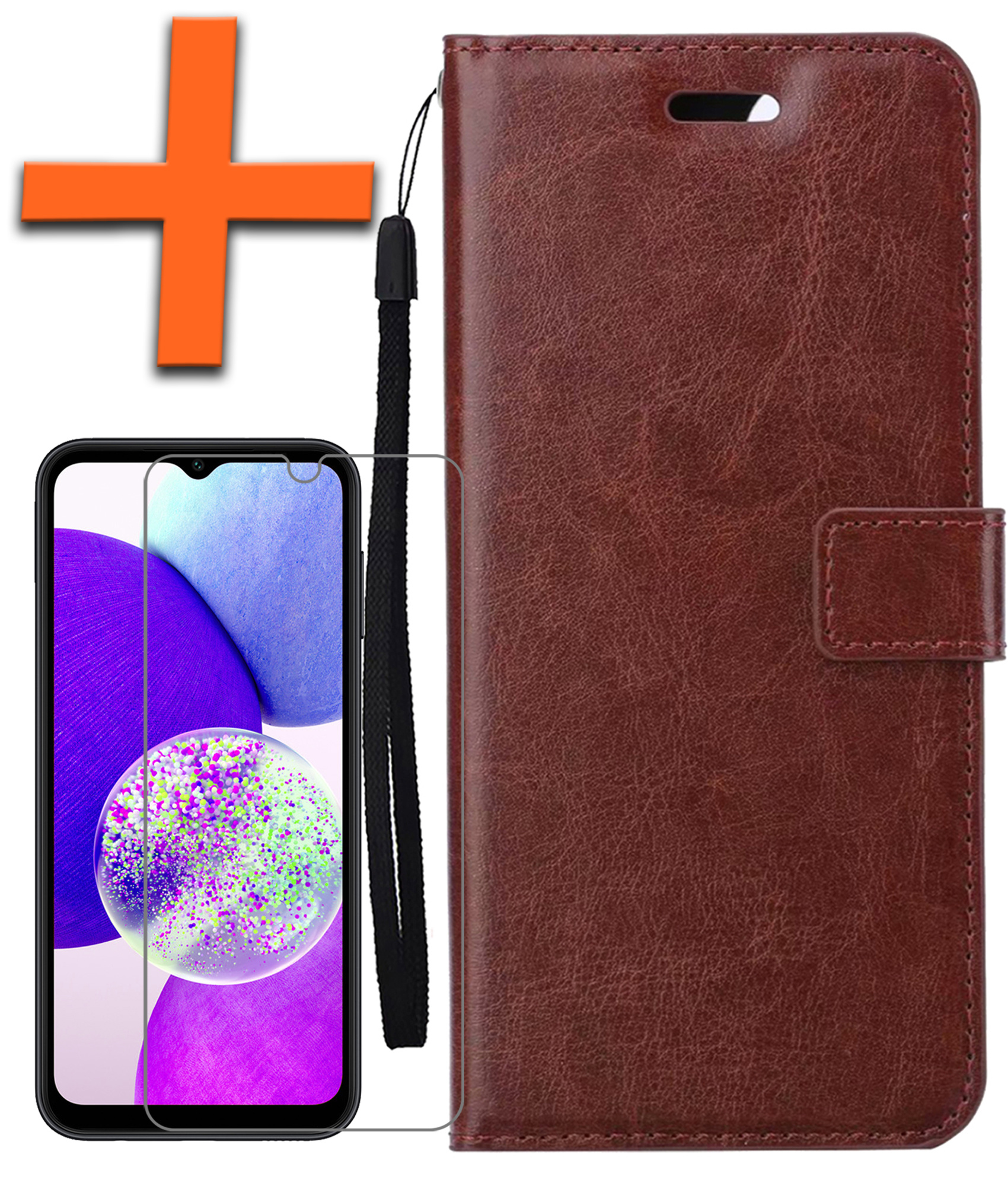 Nomfy Hoesje Geschikt voor Samsung A14 Hoes Bookcase Flipcase Book Cover Met Screenprotector - Hoes Geschikt voor Samsung Galaxy A14 Hoesje Book Case - Bruin