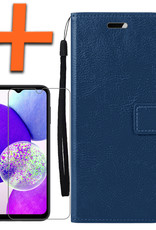 Nomfy Hoesje Geschikt voor Samsung A14 Hoes Bookcase Flipcase Book Cover Met Screenprotector - Hoes Geschikt voor Samsung Galaxy A14 Hoesje Book Case - Donkerblauw