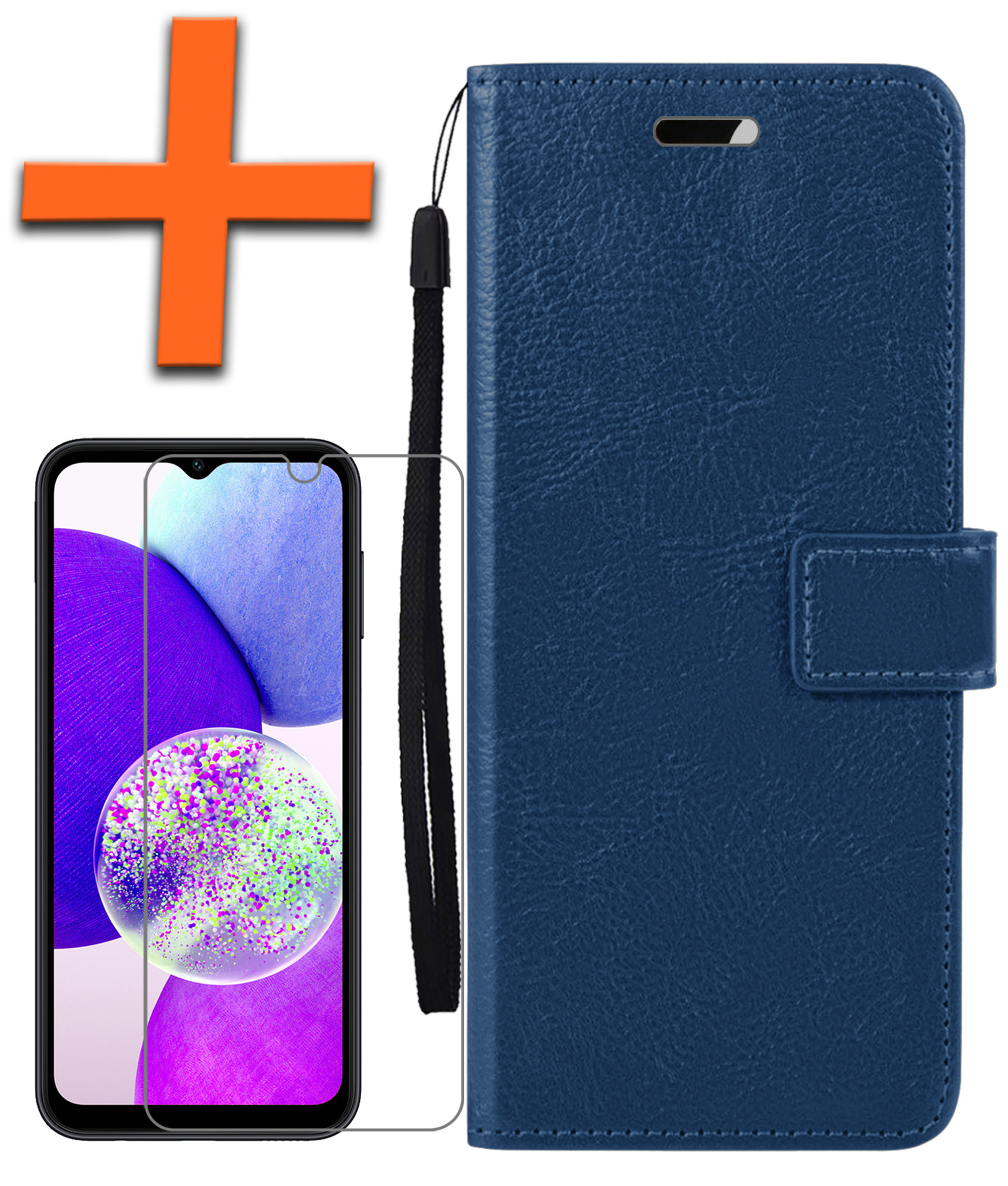 Nomfy Hoesje Geschikt voor Samsung A14 Hoes Bookcase Flipcase Book Cover Met Screenprotector - Hoes Geschikt voor Samsung Galaxy A14 Hoesje Book Case - Donkerblauw