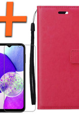 Nomfy Hoesje Geschikt voor Samsung A14 Hoes Bookcase Flipcase Book Cover Met Screenprotector - Hoes Geschikt voor Samsung Galaxy A14 Hoesje Book Case - Donkerroze