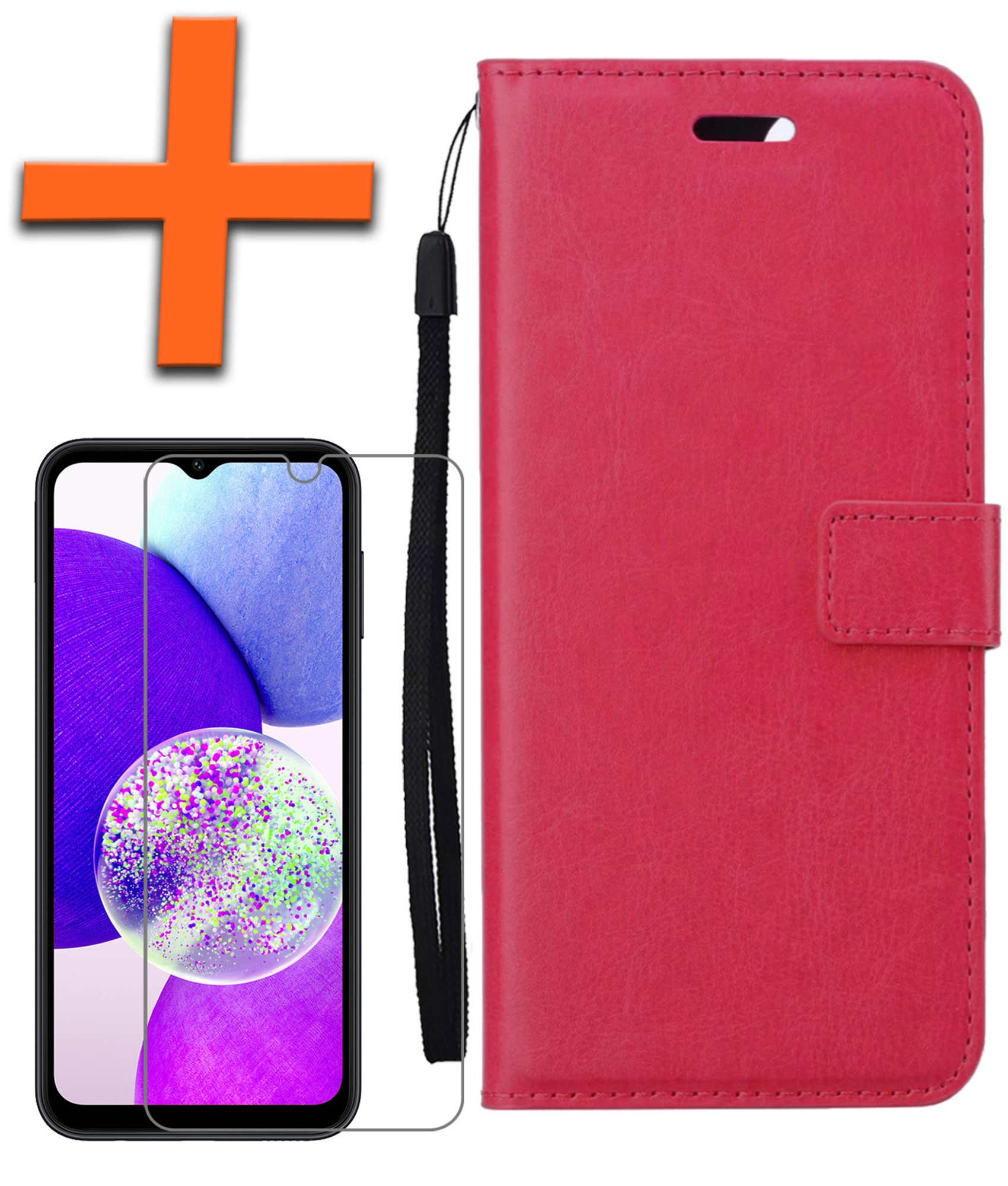 Nomfy Hoesje Geschikt voor Samsung A14 Hoes Bookcase Flipcase Book Cover Met Screenprotector - Hoes Geschikt voor Samsung Galaxy A14 Hoesje Book Case - Donkerroze