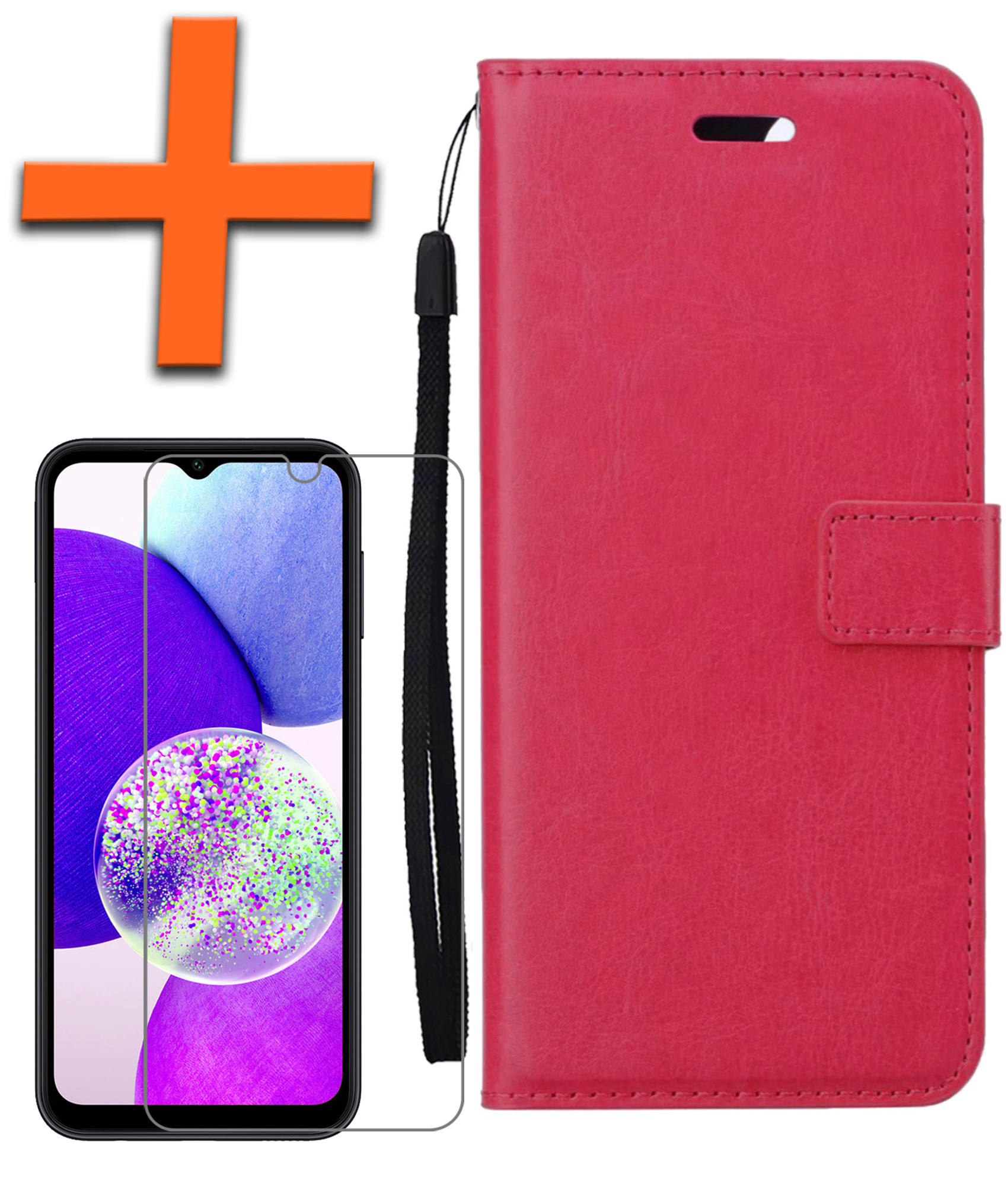 Samsung A14 Hoes Bookcase Flipcase Book Cover Met Screenprotector - Samsung Galaxy A14 Hoesje Book Case - Donker Roze