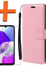 Nomfy Hoesje Geschikt voor Samsung A14 Hoes Bookcase Flipcase Book Cover Met Screenprotector - Hoes Geschikt voor Samsung Galaxy A14 Hoesje Book Case - Lichtroze