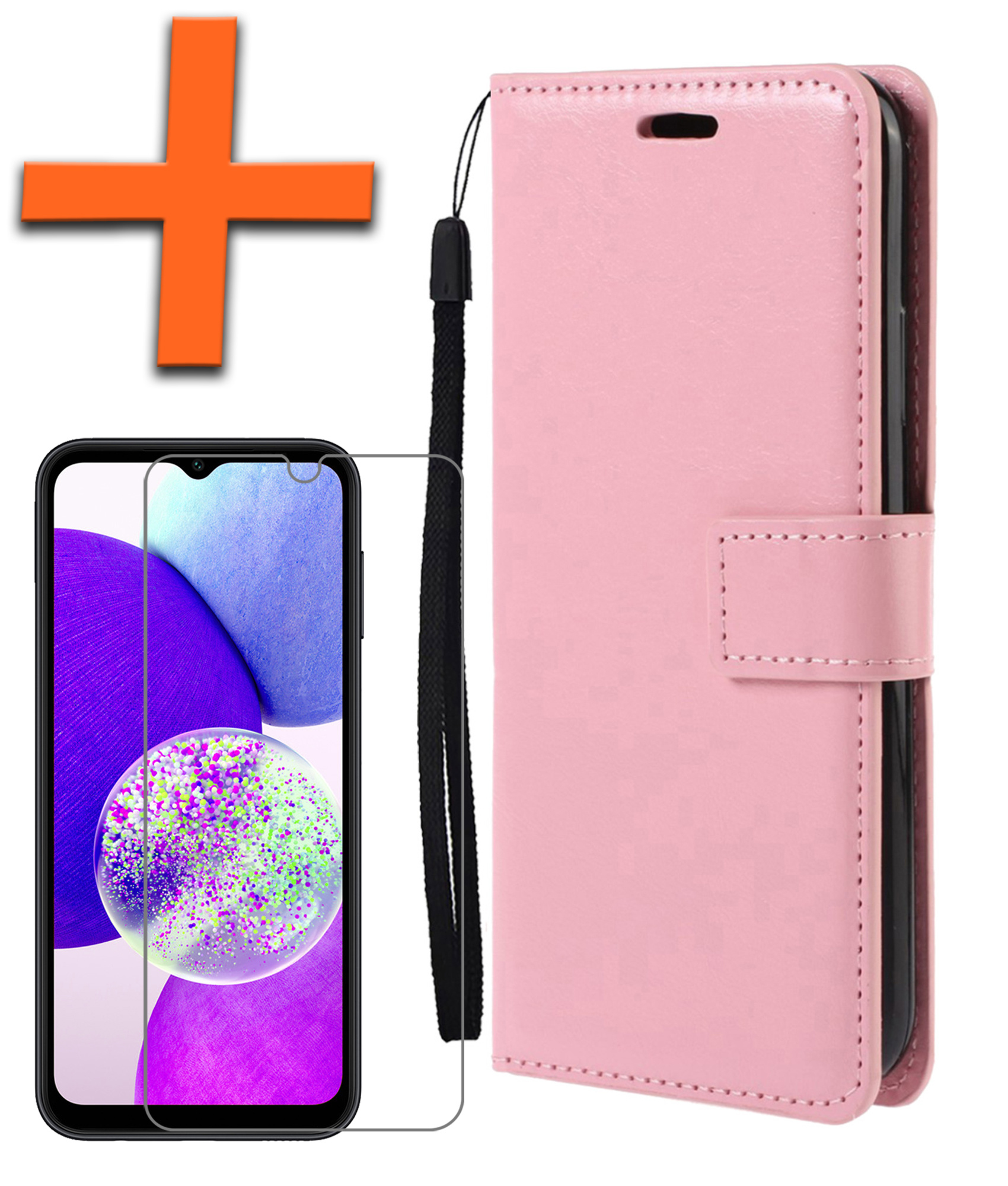 Nomfy Hoesje Geschikt voor Samsung A14 Hoes Bookcase Flipcase Book Cover Met Screenprotector - Hoes Geschikt voor Samsung Galaxy A14 Hoesje Book Case - Lichtroze
