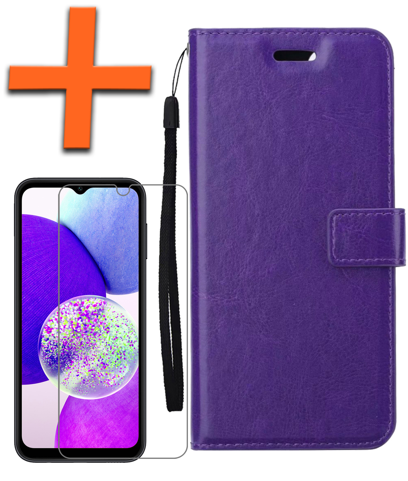 Nomfy Hoesje Geschikt voor Samsung A14 Hoes Bookcase Flipcase Book Cover Met Screenprotector - Hoes Geschikt voor Samsung Galaxy A14 Hoesje Book Case - Paars