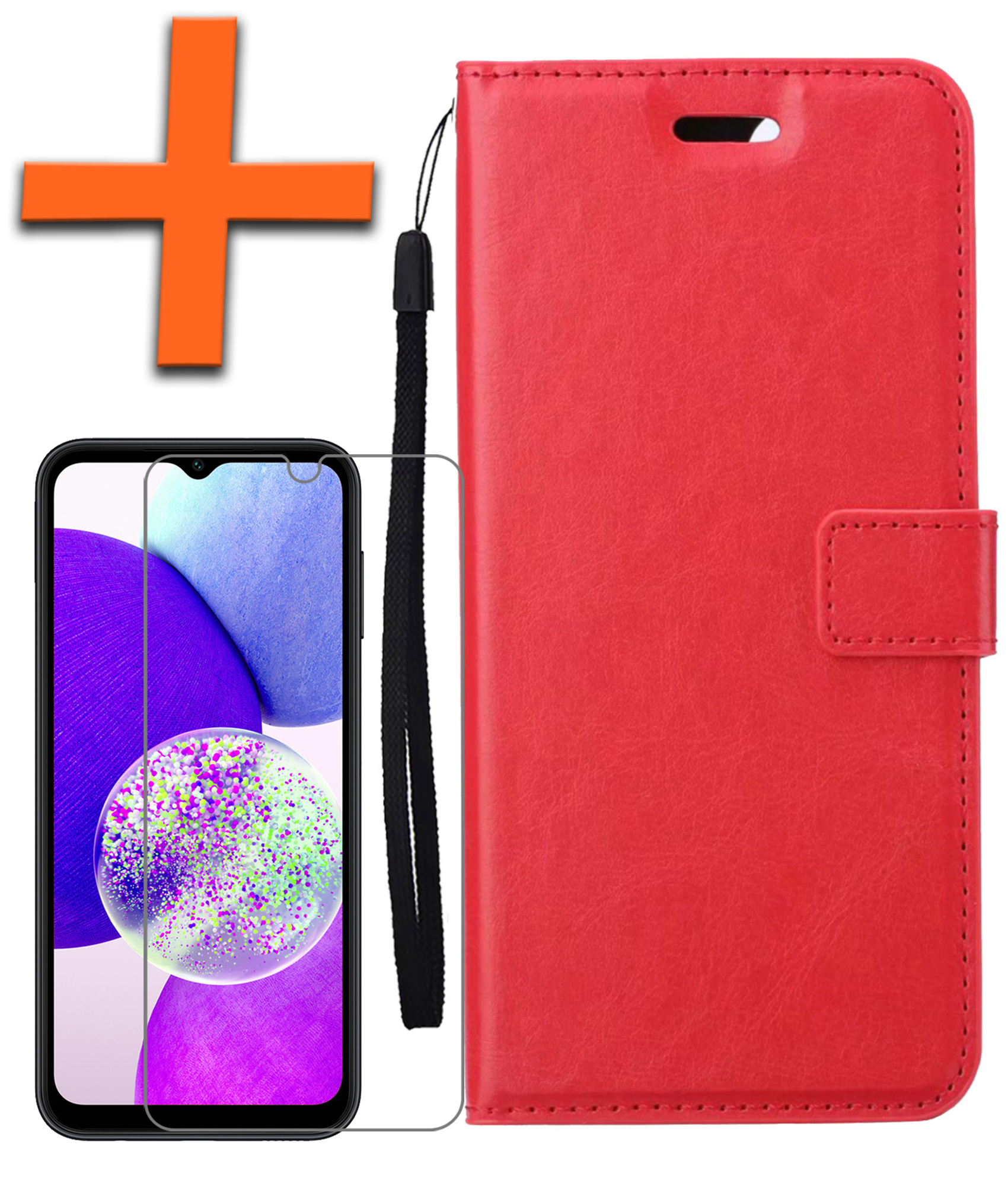 Nomfy Hoesje Geschikt voor Samsung A14 Hoes Bookcase Flipcase Book Cover Met Screenprotector - Hoes Geschikt voor Samsung Galaxy A14 Hoesje Book Case - Rood