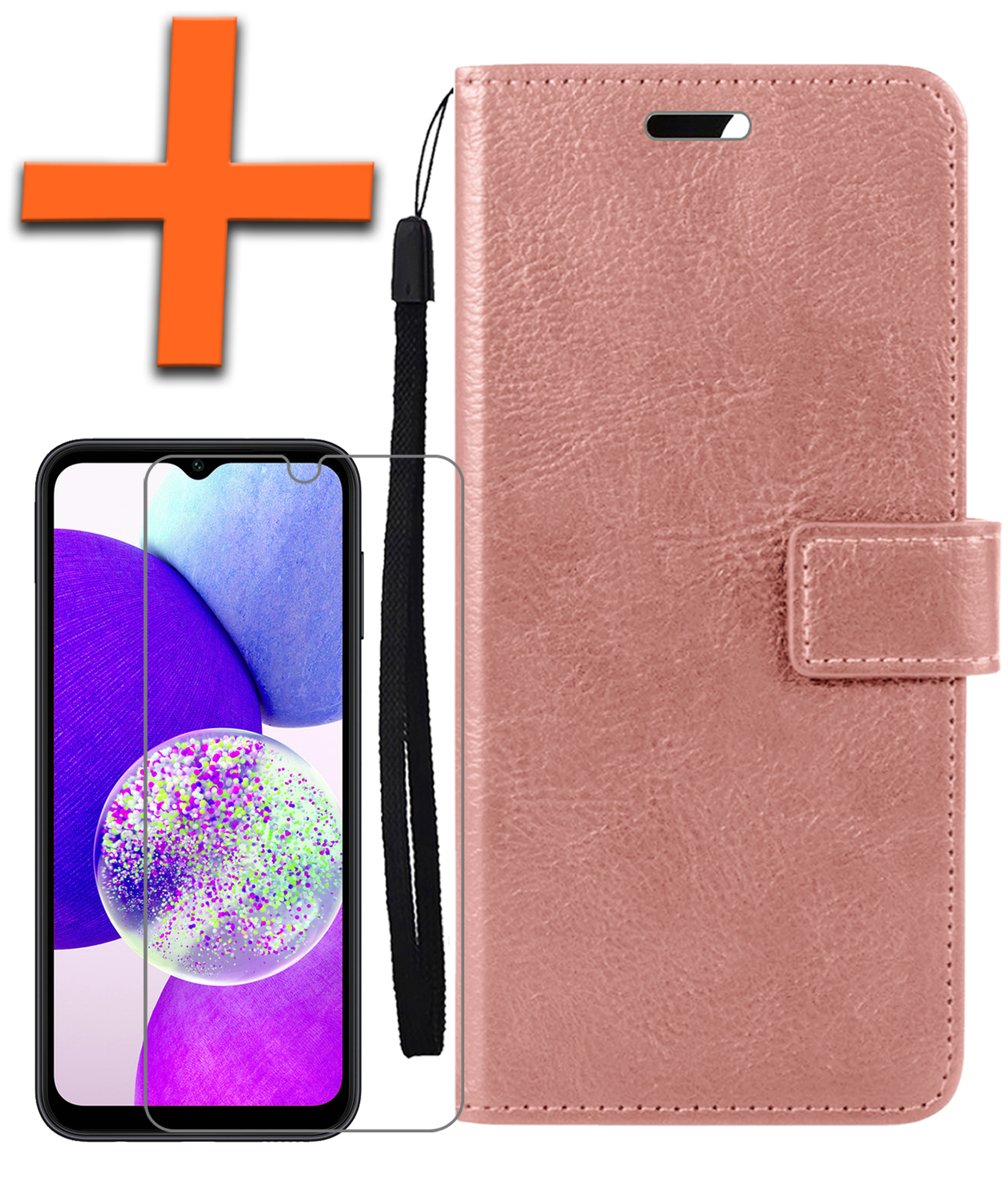 Nomfy Hoesje Geschikt voor Samsung A14 Hoes Bookcase Flipcase Book Cover Met Screenprotector - Hoes Geschikt voor Samsung Galaxy A14 Hoesje Book Case - Rosé goud