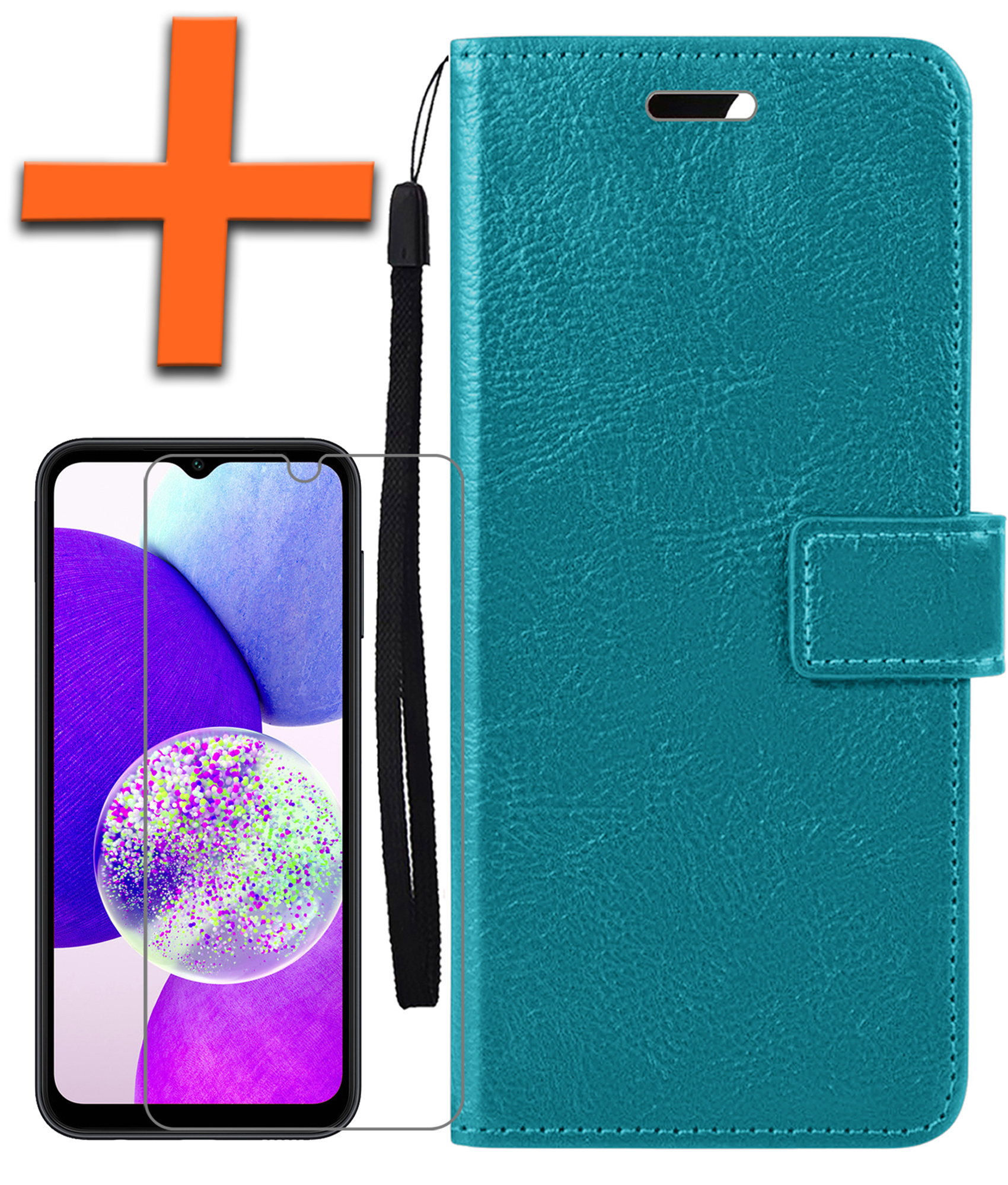Nomfy Hoesje Geschikt voor Samsung A14 Hoes Bookcase Flipcase Book Cover Met Screenprotector - Hoes Geschikt voor Samsung Galaxy A14 Hoesje Book Case - Turquoise