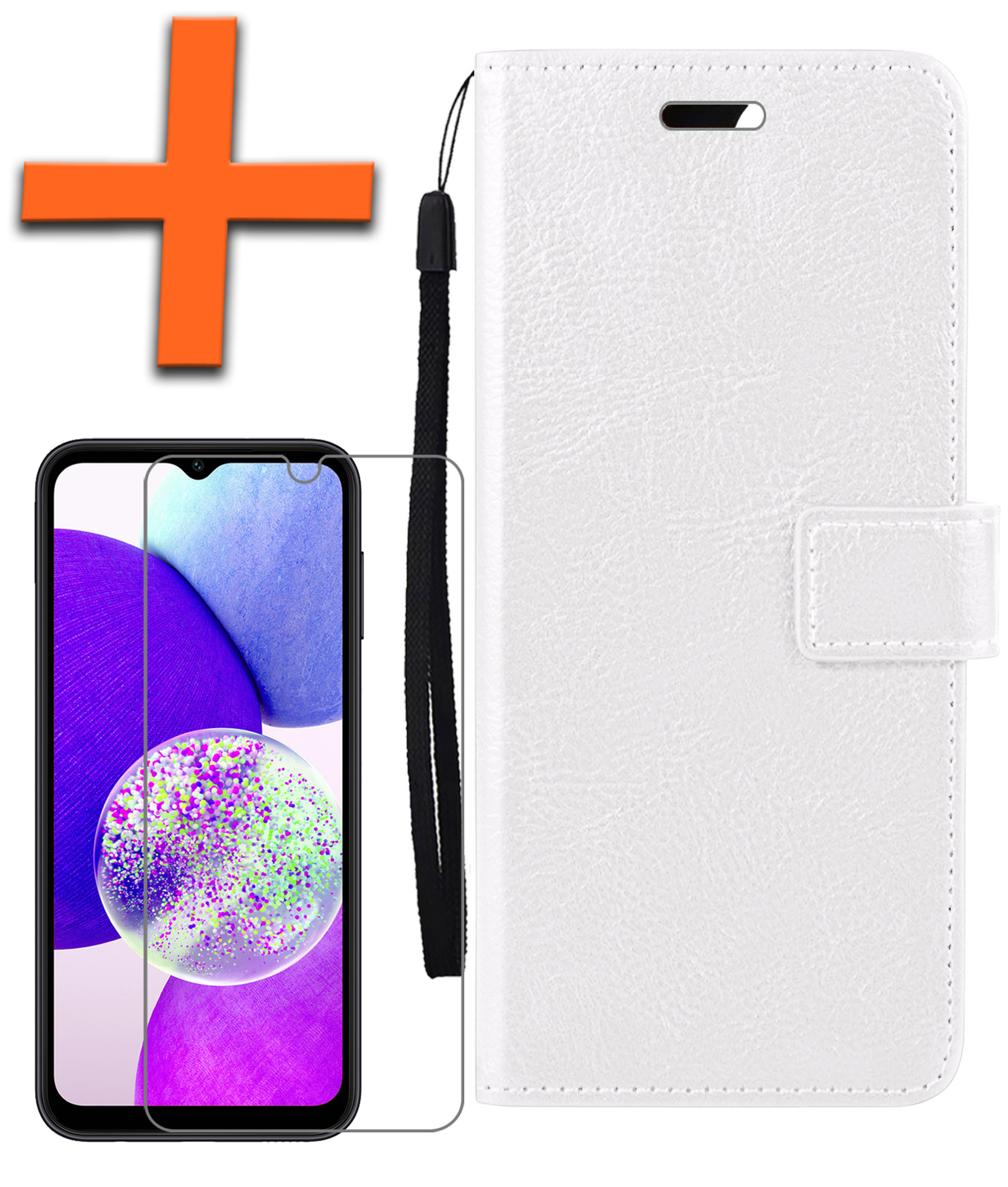 Nomfy Hoesje Geschikt voor Samsung A14 Hoes Bookcase Flipcase Book Cover Met Screenprotector - Hoes Geschikt voor Samsung Galaxy A14 Hoesje Book Case - Wit