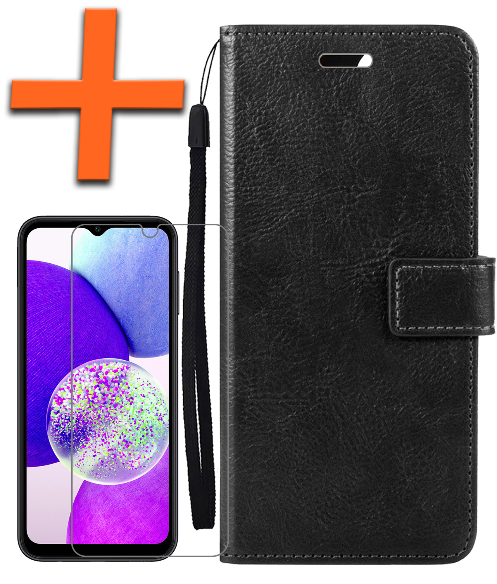 Nomfy Hoesje Geschikt voor Samsung A14 Hoes Bookcase Flipcase Book Cover Met Screenprotector - Hoes Geschikt voor Samsung Galaxy A14 Hoesje Book Case - Zwart