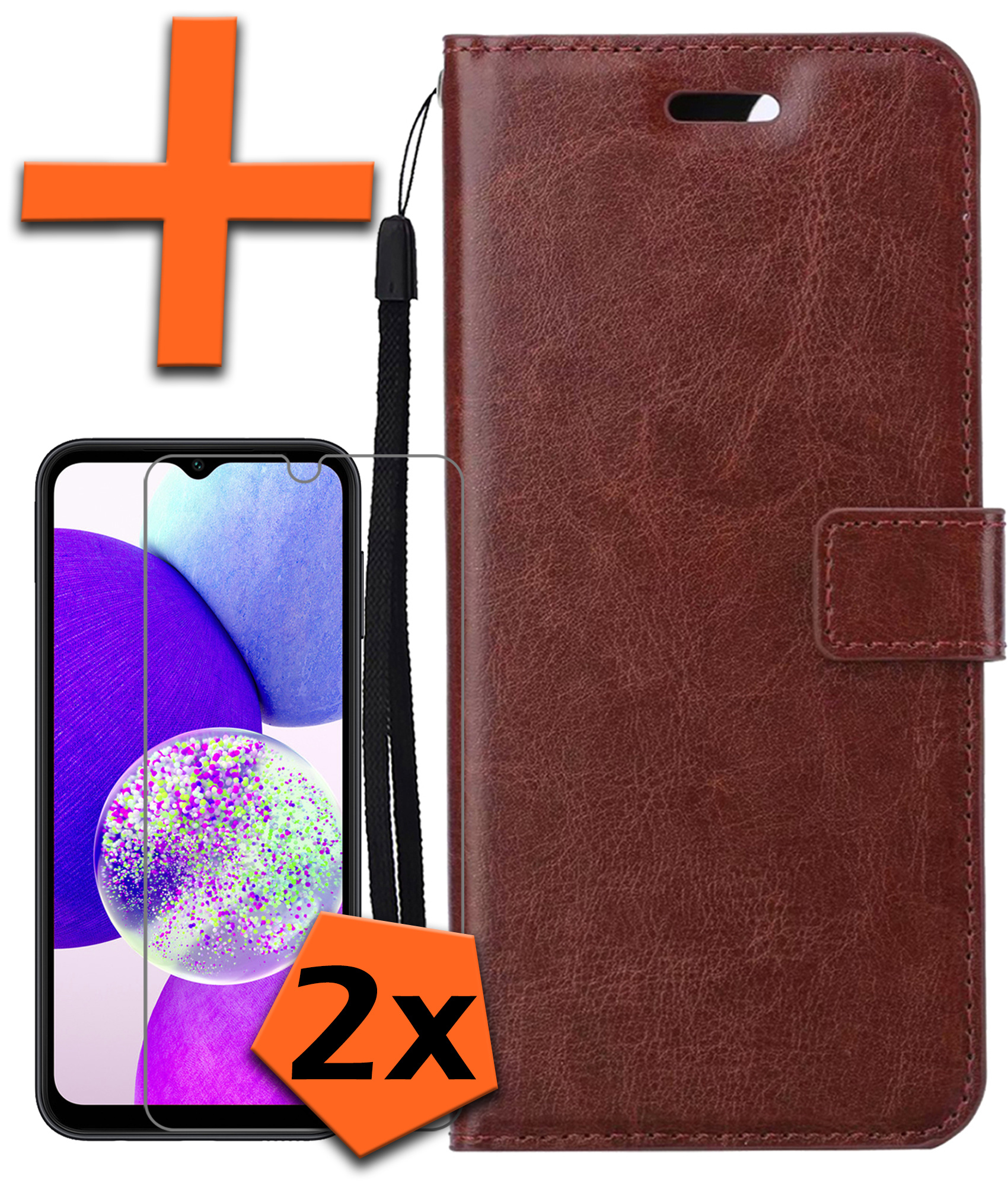 Nomfy Hoesje Geschikt voor Samsung A14 Hoes Bookcase Flipcase Book Cover Met 2x Screenprotector - Hoes Geschikt voor Samsung Galaxy A14 Hoesje Book Case - Bruin