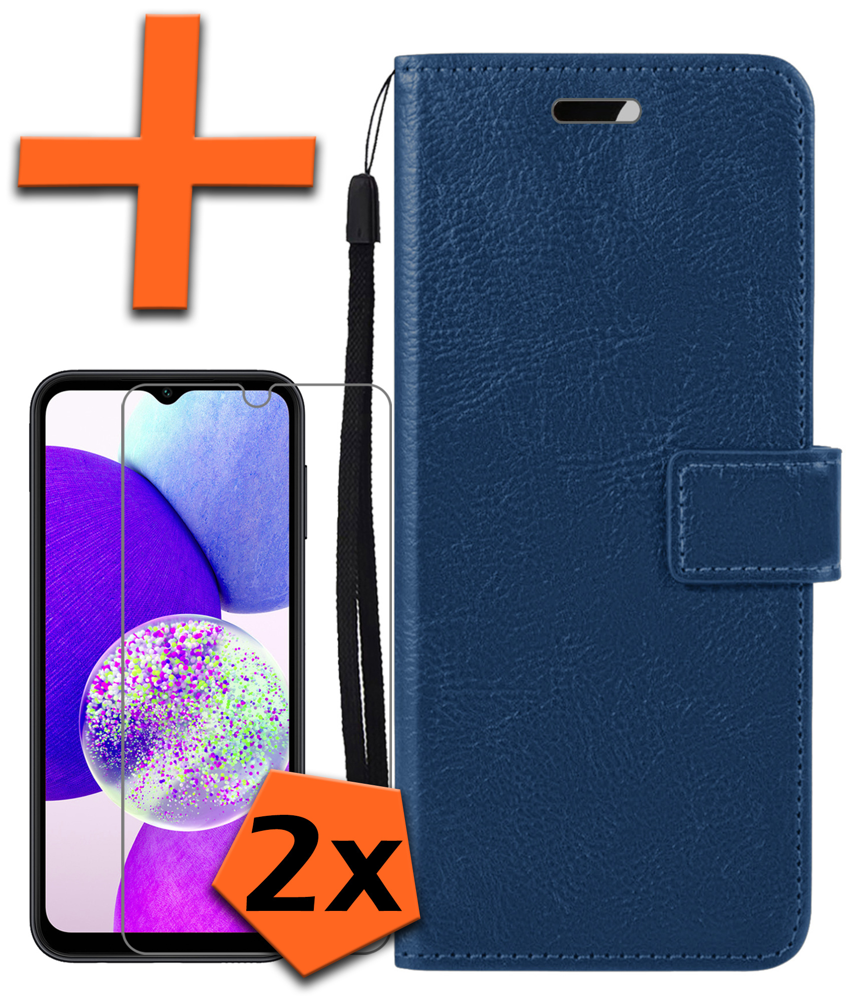 Nomfy Hoesje Geschikt voor Samsung A14 Hoes Bookcase Flipcase Book Cover Met 2x Screenprotector - Hoes Geschikt voor Samsung Galaxy A14 Hoesje Book Case - Donkerblauw