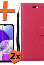 Nomfy Hoesje Geschikt voor Samsung A14 Hoes Bookcase Flipcase Book Cover Met 2x Screenprotector - Hoes Geschikt voor Samsung Galaxy A14 Hoesje Book Case - Donkerroze