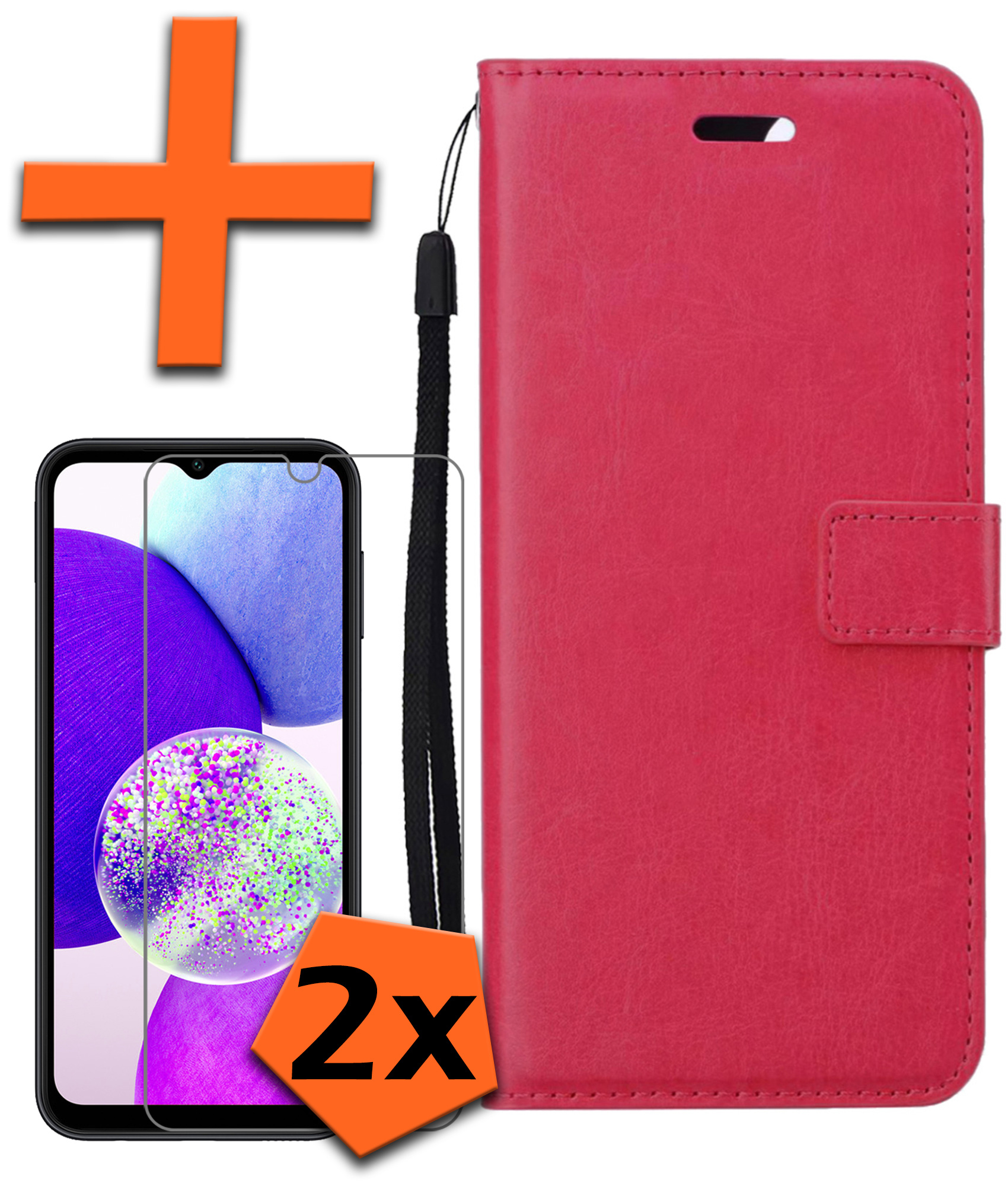 Nomfy Hoesje Geschikt voor Samsung A14 Hoes Bookcase Flipcase Book Cover Met 2x Screenprotector - Hoes Geschikt voor Samsung Galaxy A14 Hoesje Book Case - Donkerroze