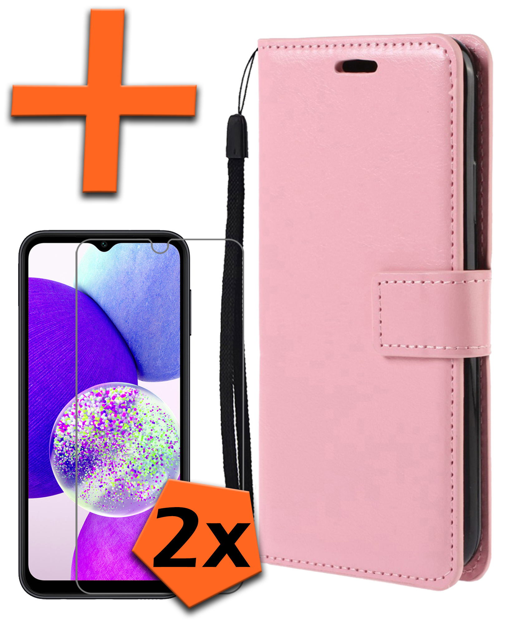 Nomfy Hoesje Geschikt voor Samsung A14 Hoes Bookcase Flipcase Book Cover Met 2x Screenprotector - Hoes Geschikt voor Samsung Galaxy A14 Hoesje Book Case - Lichtroze