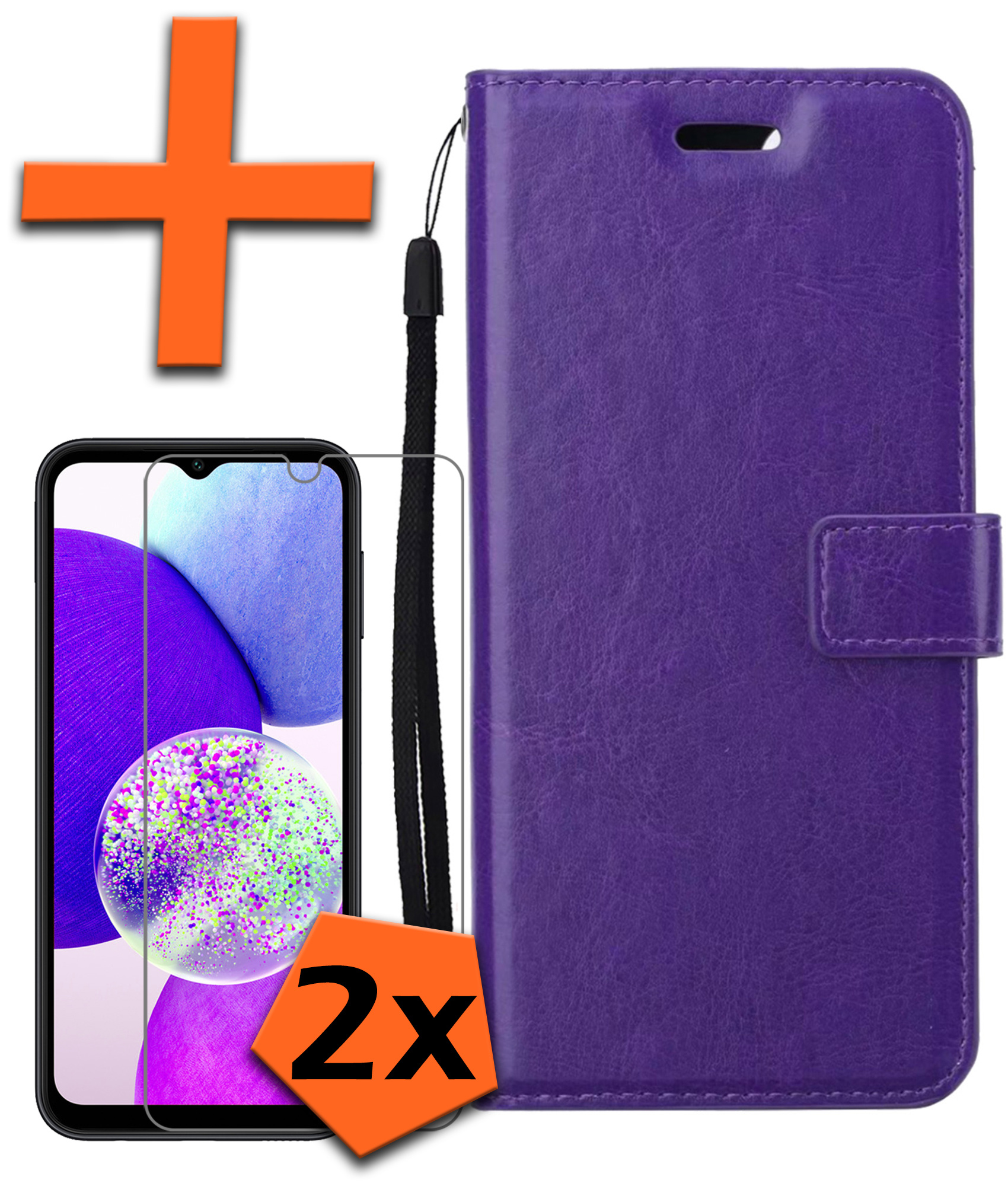 Nomfy Hoesje Geschikt voor Samsung A14 Hoes Bookcase Flipcase Book Cover Met 2x Screenprotector - Hoes Geschikt voor Samsung Galaxy A14 Hoesje Book Case - Paars