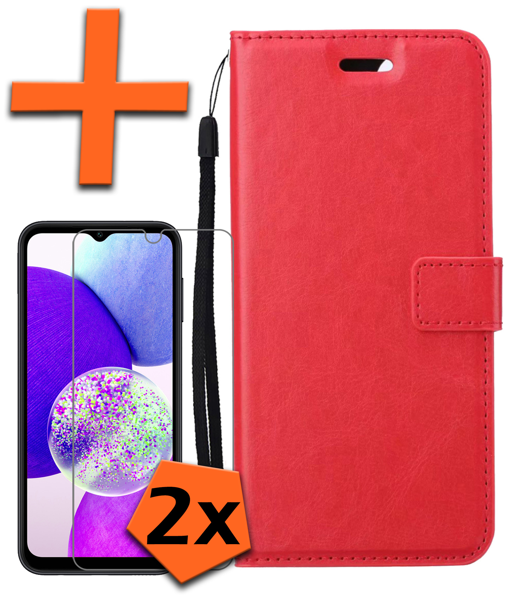Nomfy Hoesje Geschikt voor Samsung A14 Hoes Bookcase Flipcase Book Cover Met 2x Screenprotector - Hoes Geschikt voor Samsung Galaxy A14 Hoesje Book Case - Rood