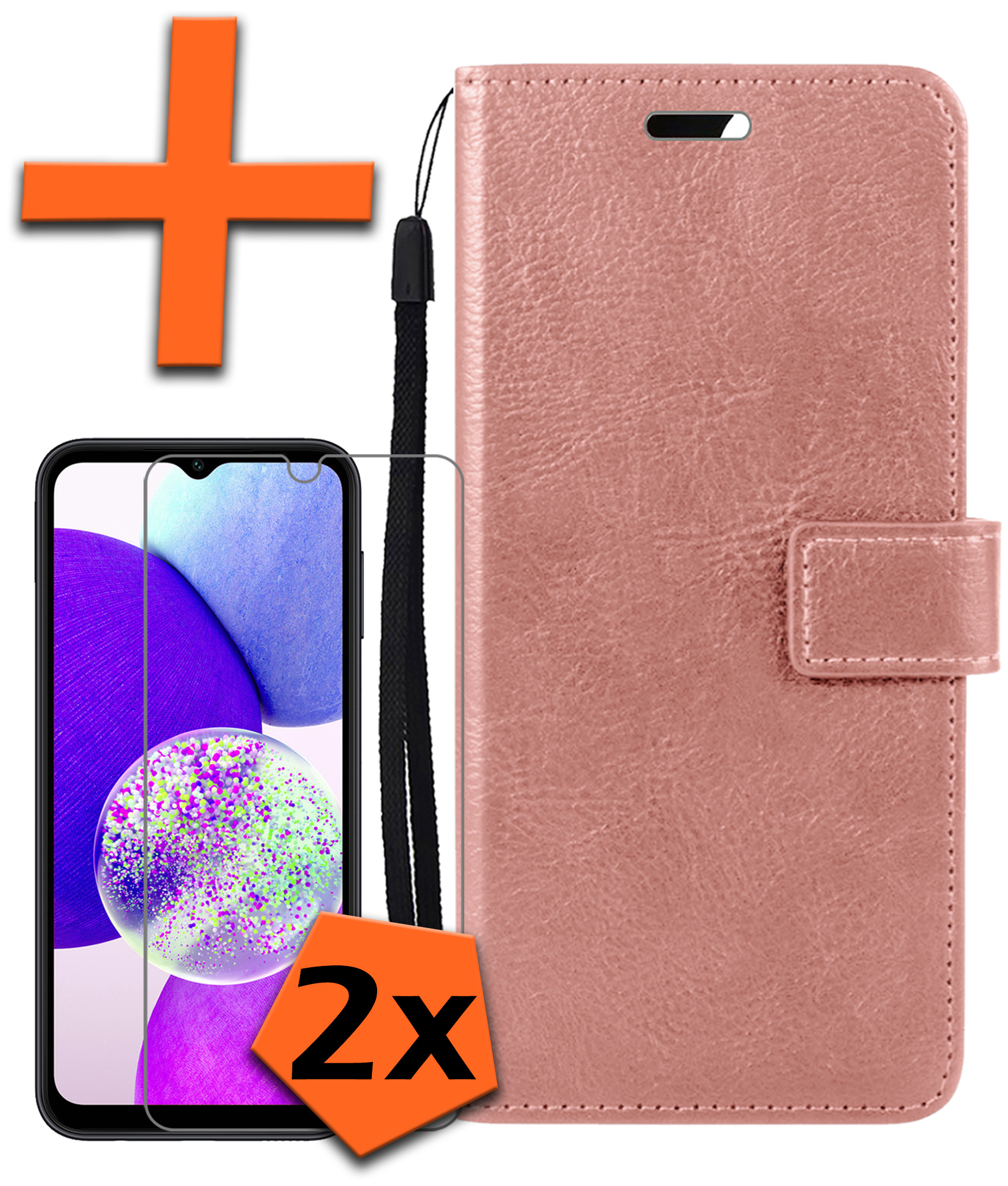 Nomfy Hoesje Geschikt voor Samsung A14 Hoes Bookcase Flipcase Book Cover Met 2x Screenprotector - Hoes Geschikt voor Samsung Galaxy A14 Hoesje Book Case - Rosé goud