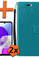 Nomfy Hoesje Geschikt voor Samsung A14 Hoes Bookcase Flipcase Book Cover Met 2x Screenprotector - Hoes Geschikt voor Samsung Galaxy A14 Hoesje Book Case - Turquoise