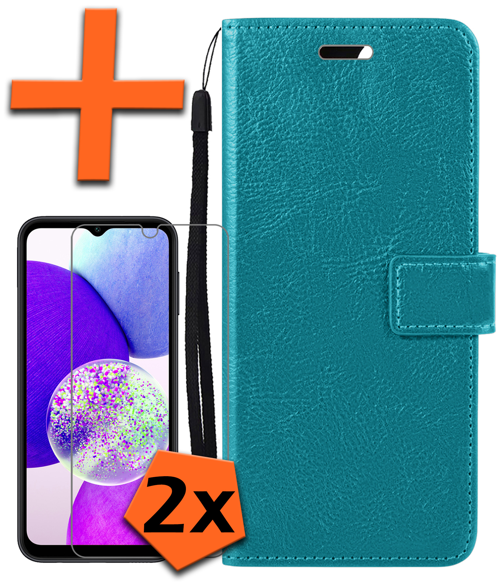 Nomfy Hoesje Geschikt voor Samsung A14 Hoes Bookcase Flipcase Book Cover Met 2x Screenprotector - Hoes Geschikt voor Samsung Galaxy A14 Hoesje Book Case - Turquoise