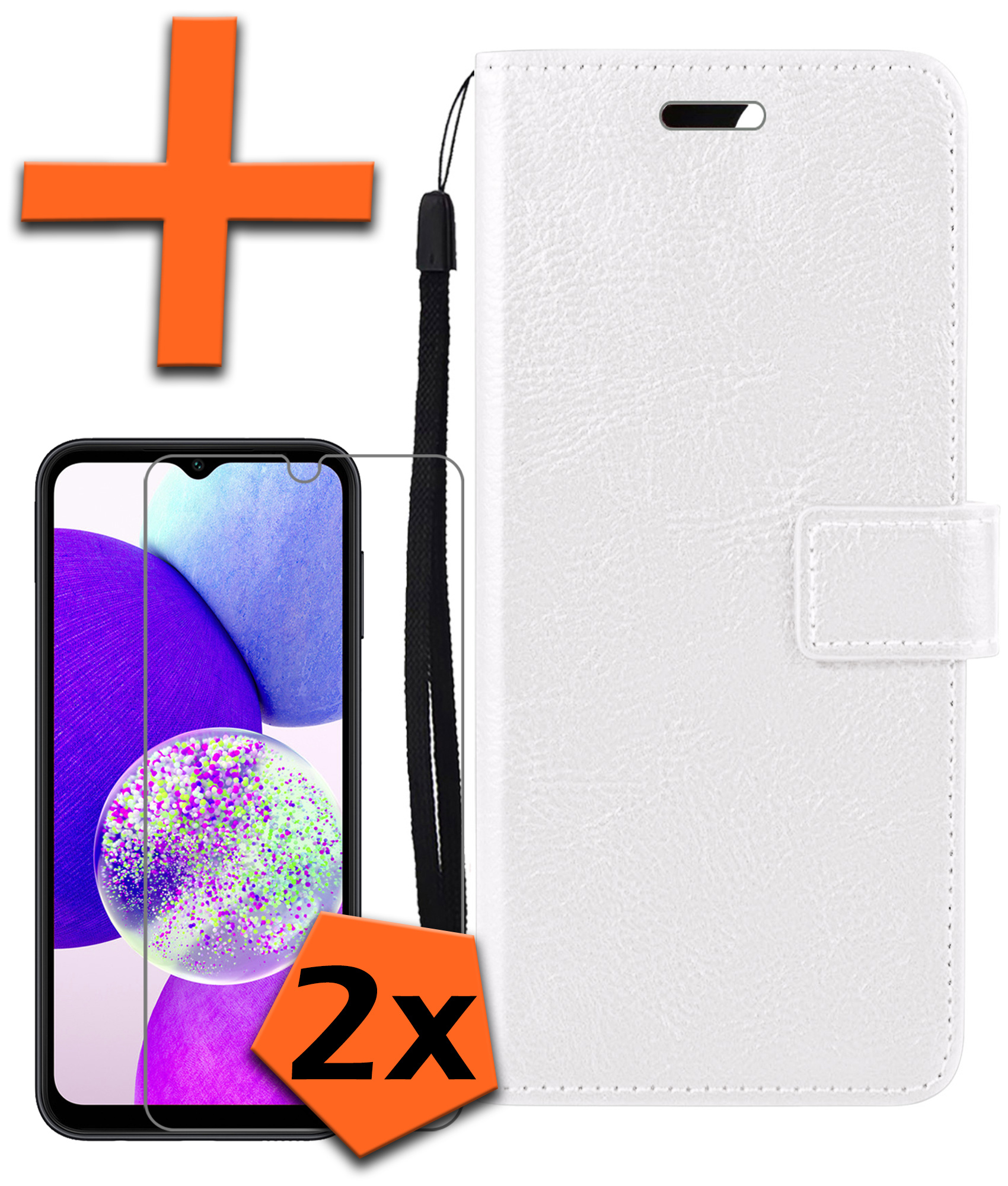 Nomfy Hoesje Geschikt voor Samsung A14 Hoes Bookcase Flipcase Book Cover Met 2x Screenprotector - Hoes Geschikt voor Samsung Galaxy A14 Hoesje Book Case - Wit