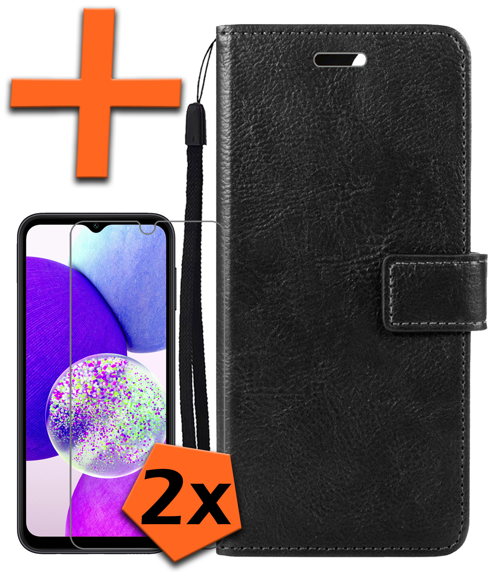 Nomfy Hoesje Geschikt voor Samsung A14 Hoes Bookcase Flipcase Book Cover Met 2x Screenprotector - Hoes Geschikt voor Samsung Galaxy A14 Hoesje Book Case - Zwart