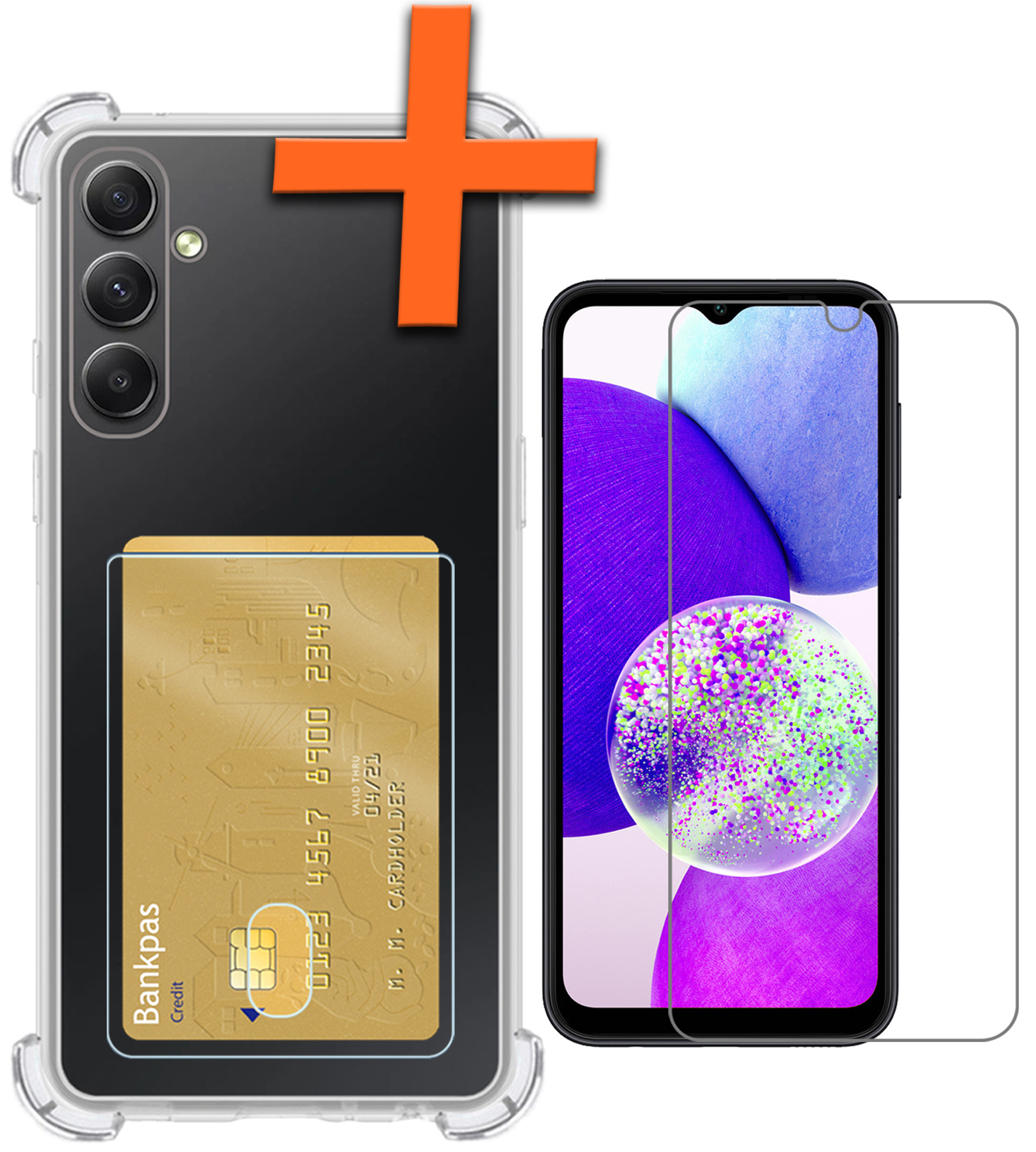 Nomfy Hoesje Geschikt voor Samsung A14 Hoesje Pasjeshouder Shockproof Pas Houder Met Screenprotector - Hoesje Geschikt voor Samsung Galaxy A14 Hoes Met Kaarthouder - Transparant