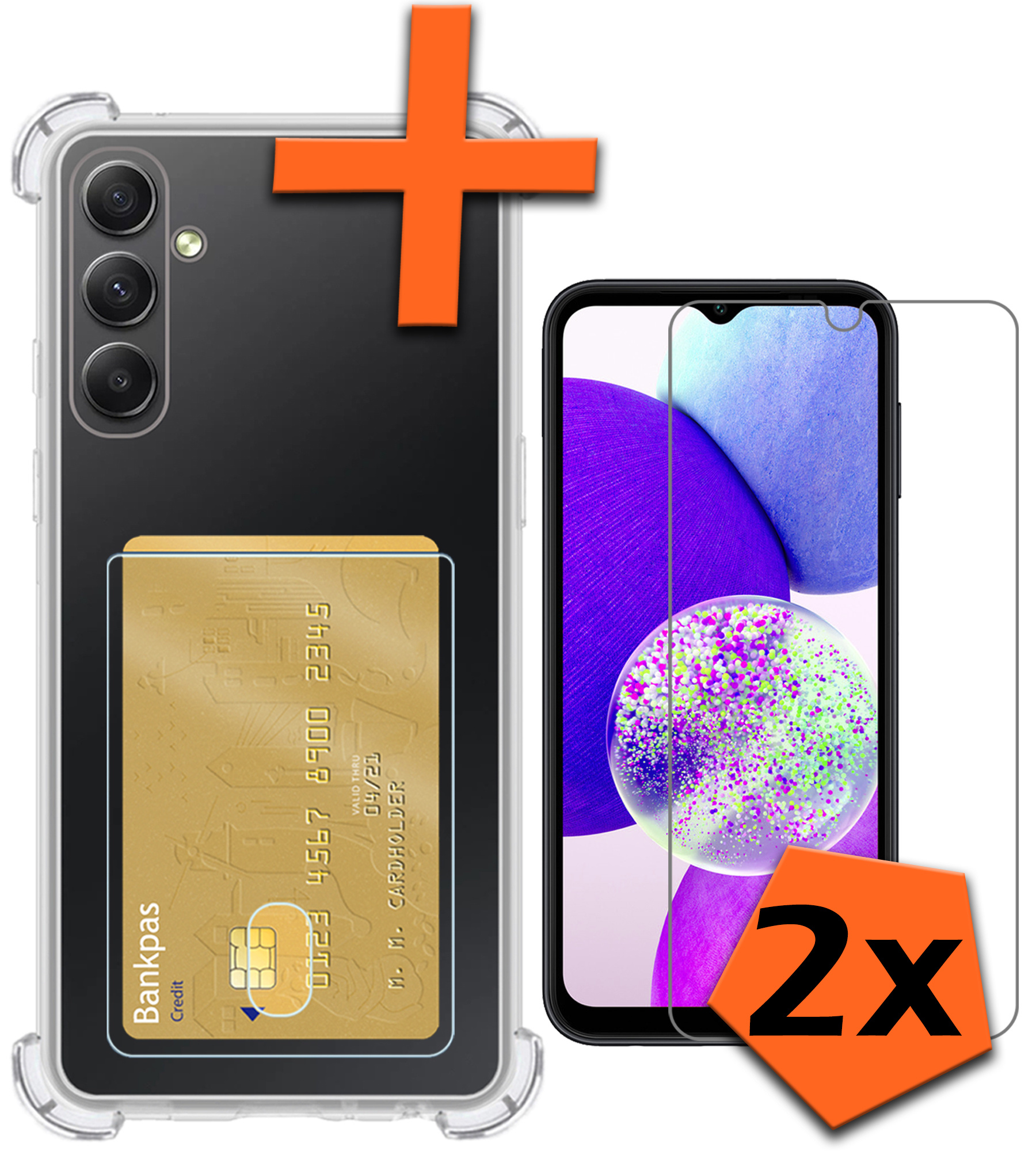 Nomfy Hoesje Geschikt voor Samsung A14 Hoesje Pasjeshouder Shockproof Pas Houder Met 2x Screenprotector - Hoesje Geschikt voor Samsung Galaxy A14 Hoes Met Kaarthouder - Transparant