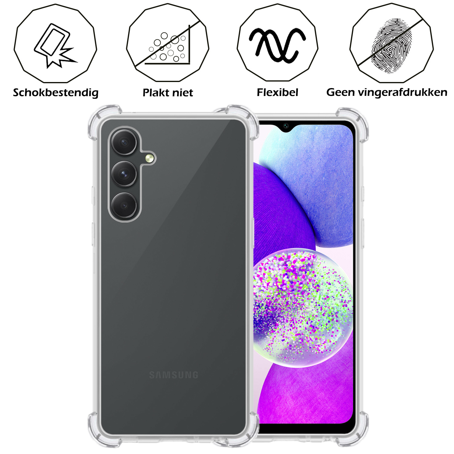 Nomfy Hoesje Geschikt voor Samsung A14 Hoesje Shock Proof Cover Case Shockproof Met 2x Screenprotector - Hoes Geschikt voor Samsung Galaxy A14 Hoes Siliconen Back Case - Transparant