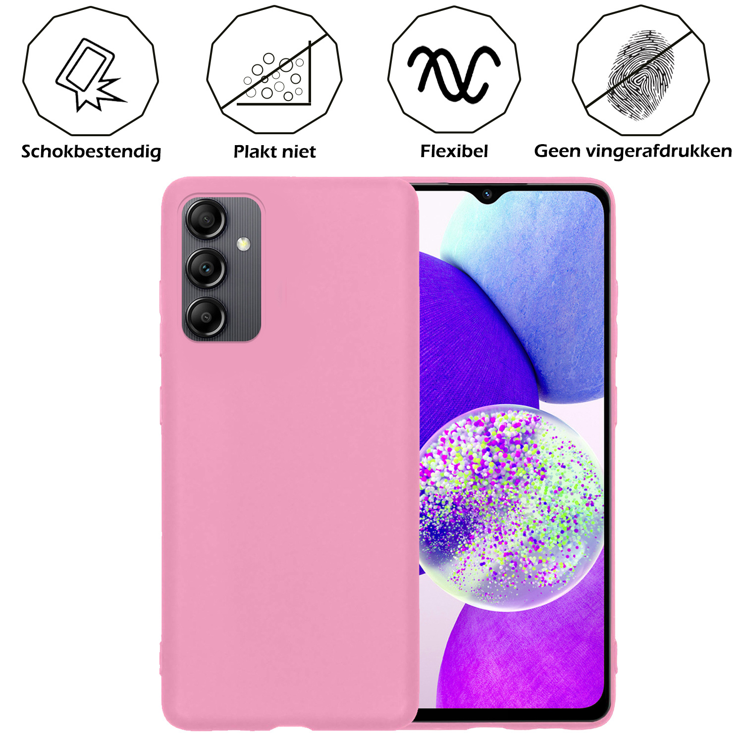 Nomfy Hoesje Geschikt voor Samsung A14 Hoesje Siliconen Cover Case Met Screenprotector - Hoes Geschikt voor Samsung Galaxy A14 Hoes Back Case - Roze