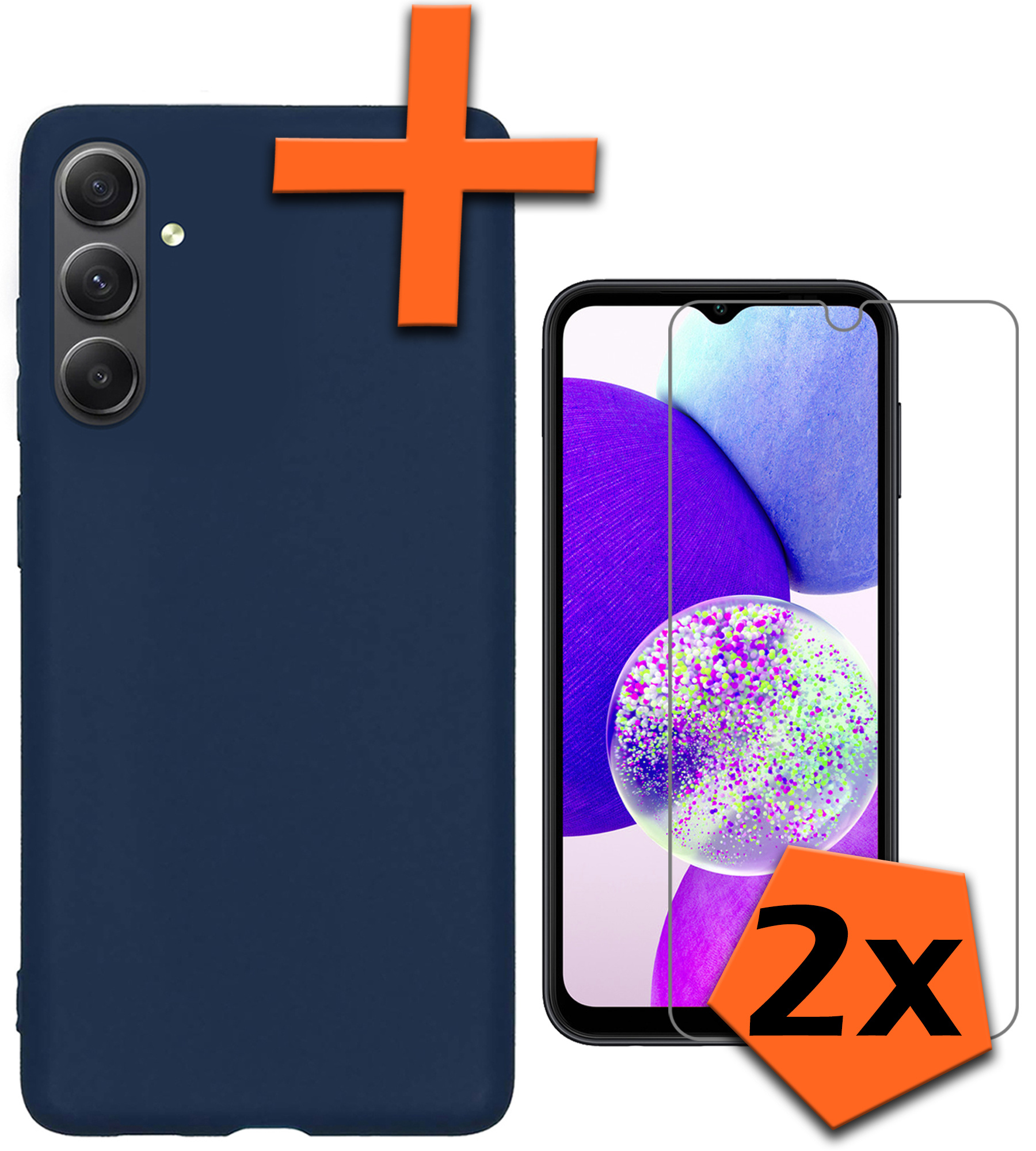 Nomfy Hoesje Geschikt voor Samsung A14 Hoesje Siliconen Cover Case Met 2x Screenprotector - Hoes Geschikt voor Samsung Galaxy A14 Hoes Back Case - Donkerblauw