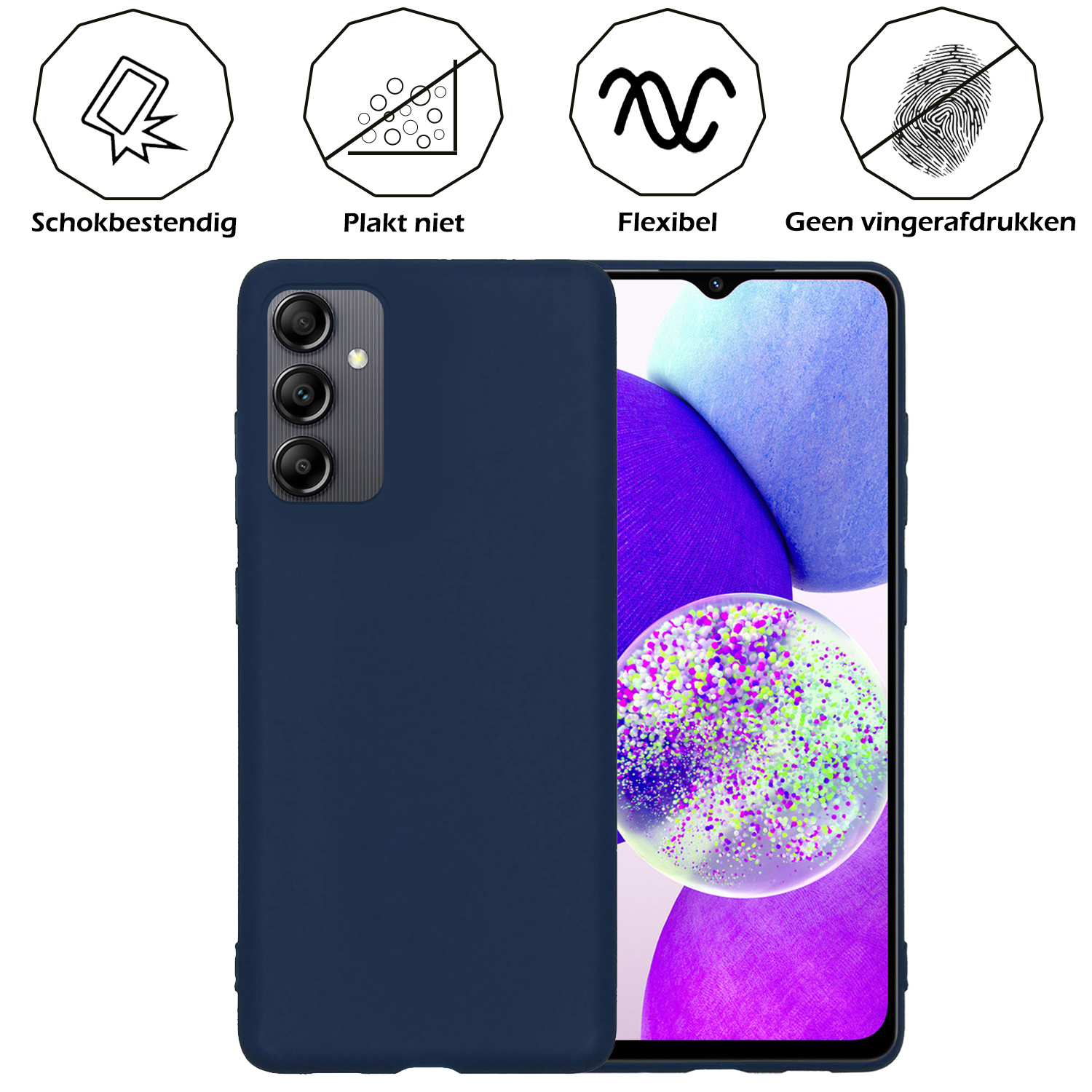 Nomfy Hoesje Geschikt voor Samsung A14 Hoesje Siliconen Cover Case Met 2x Screenprotector - Hoes Geschikt voor Samsung Galaxy A14 Hoes Back Case - Donkerblauw