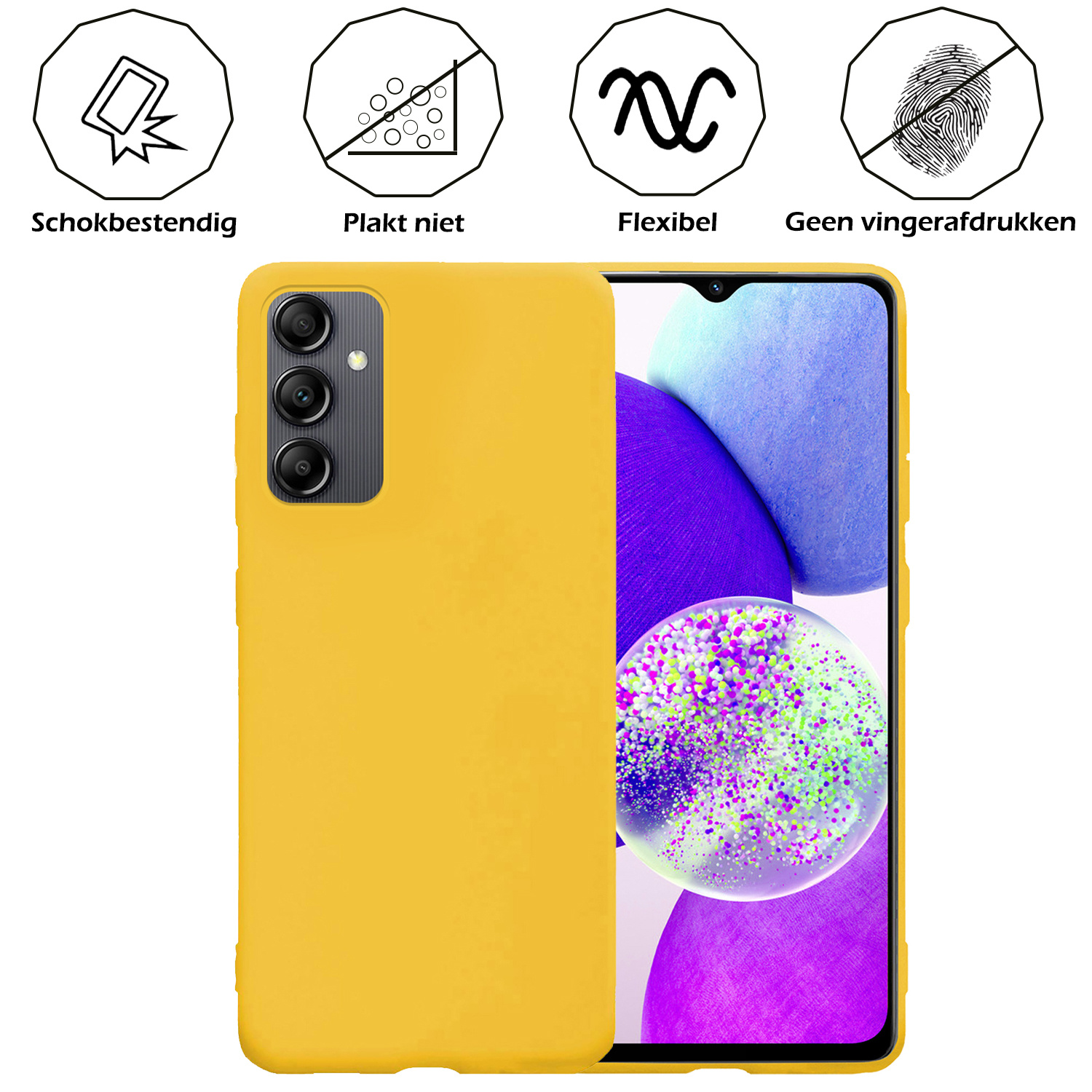 Nomfy Hoesje Geschikt voor Samsung A14 Hoesje Siliconen Cover Case Met 2x Screenprotector - Hoes Geschikt voor Samsung Galaxy A14 Hoes Back Case - Geel