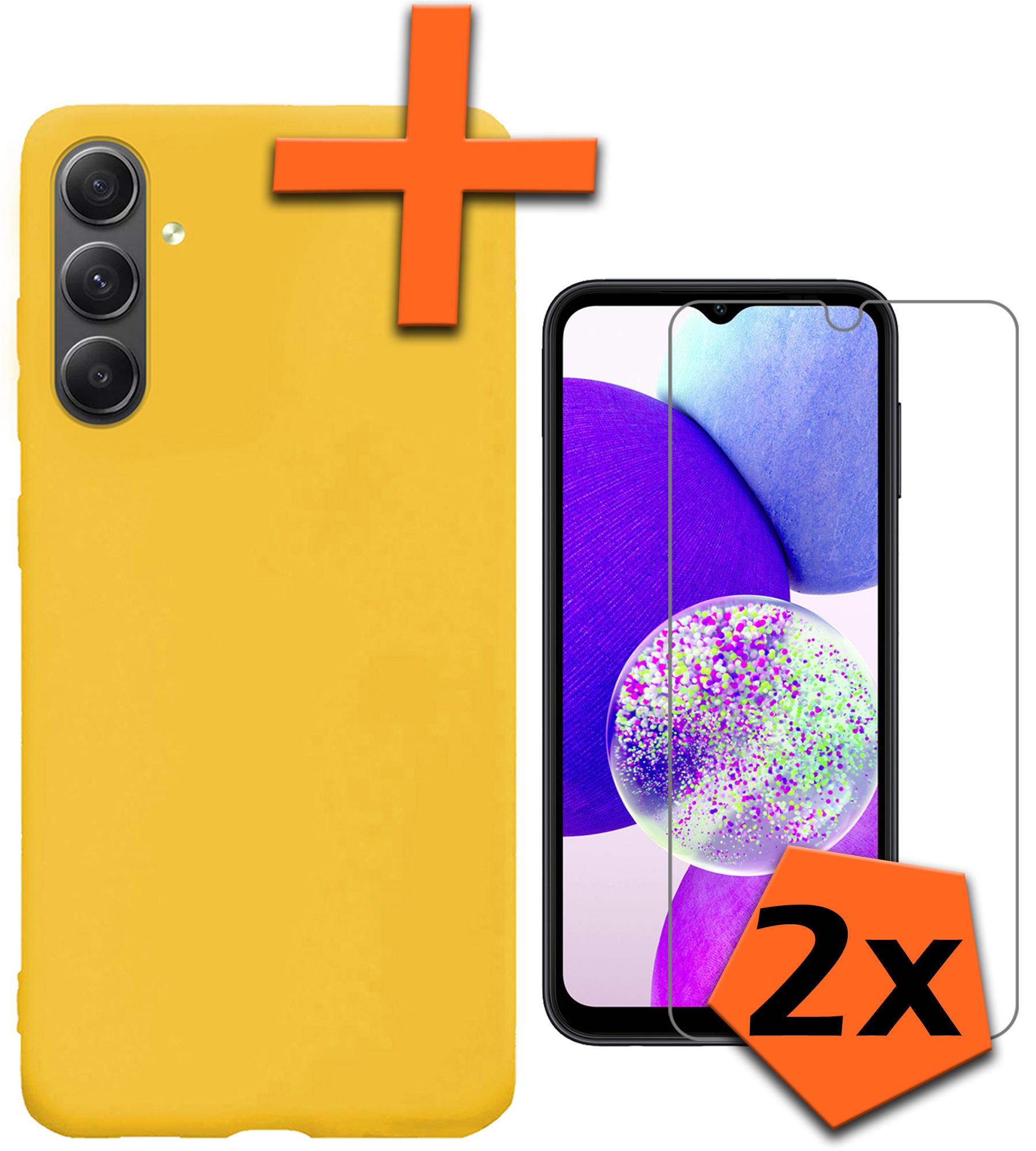 Nomfy Hoesje Geschikt voor Samsung A14 Hoesje Siliconen Cover Case Met 2x Screenprotector - Hoes Geschikt voor Samsung Galaxy A14 Hoes Back Case - Geel