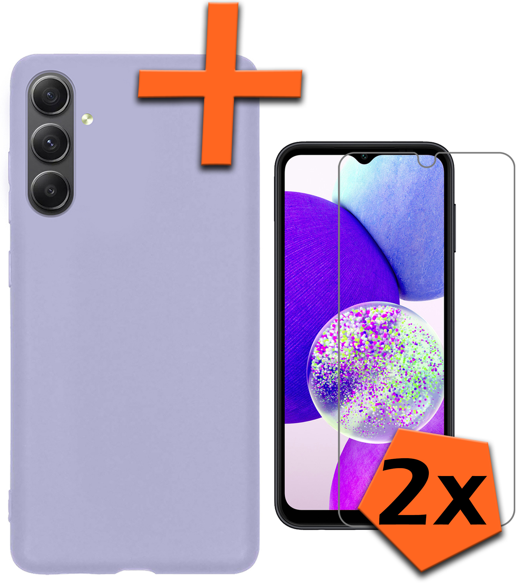 Nomfy Hoesje Geschikt voor Samsung A14 Hoesje Siliconen Cover Case Met 2x Screenprotector - Hoes Geschikt voor Samsung Galaxy A14 Hoes Back Case - Lila