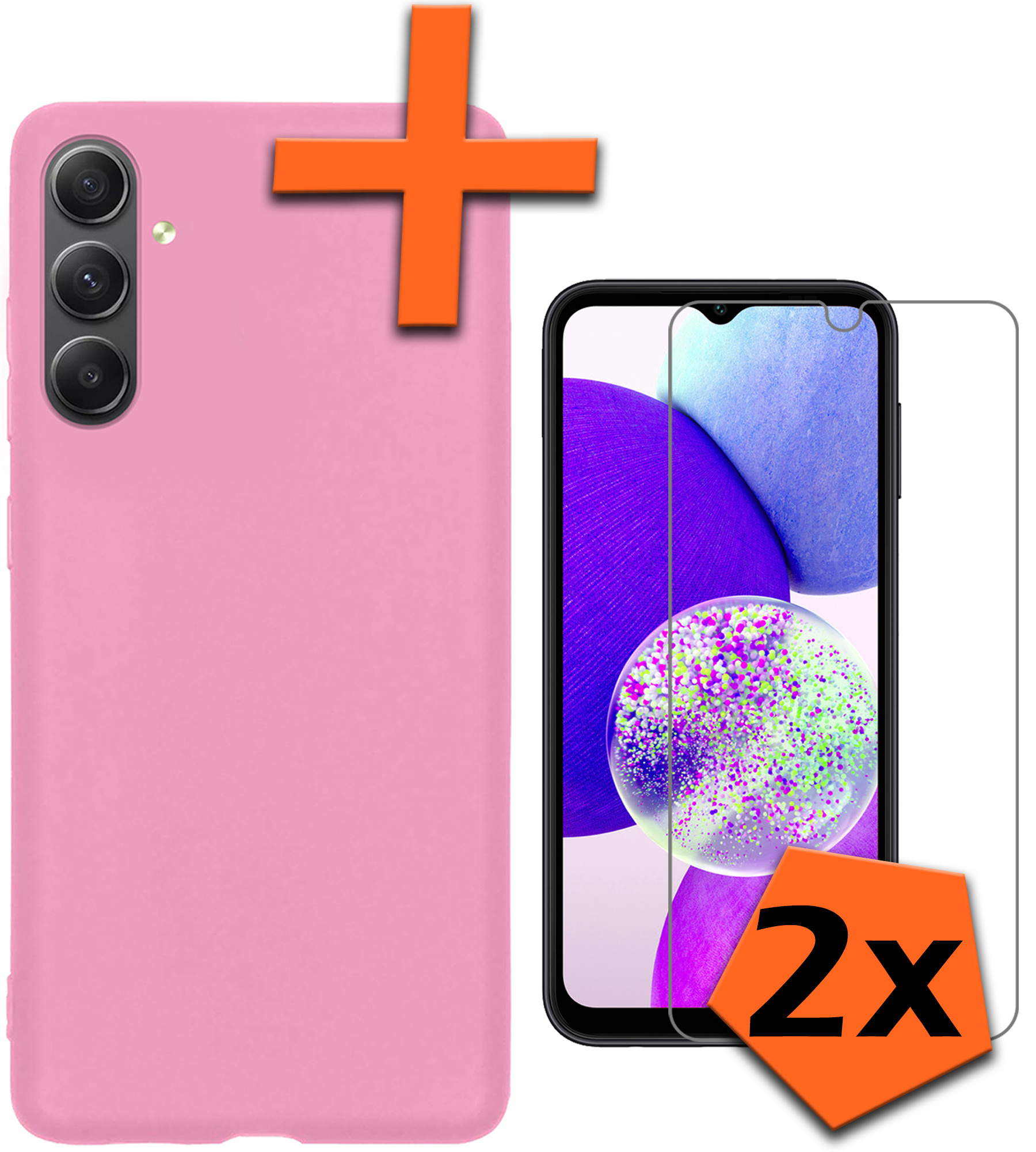 Samsung A14 Hoesje Siliconen Case Back Cover Met 2x Screenprotector - Samsung Galaxy A14 Hoes Cover Silicone - Licht Roze