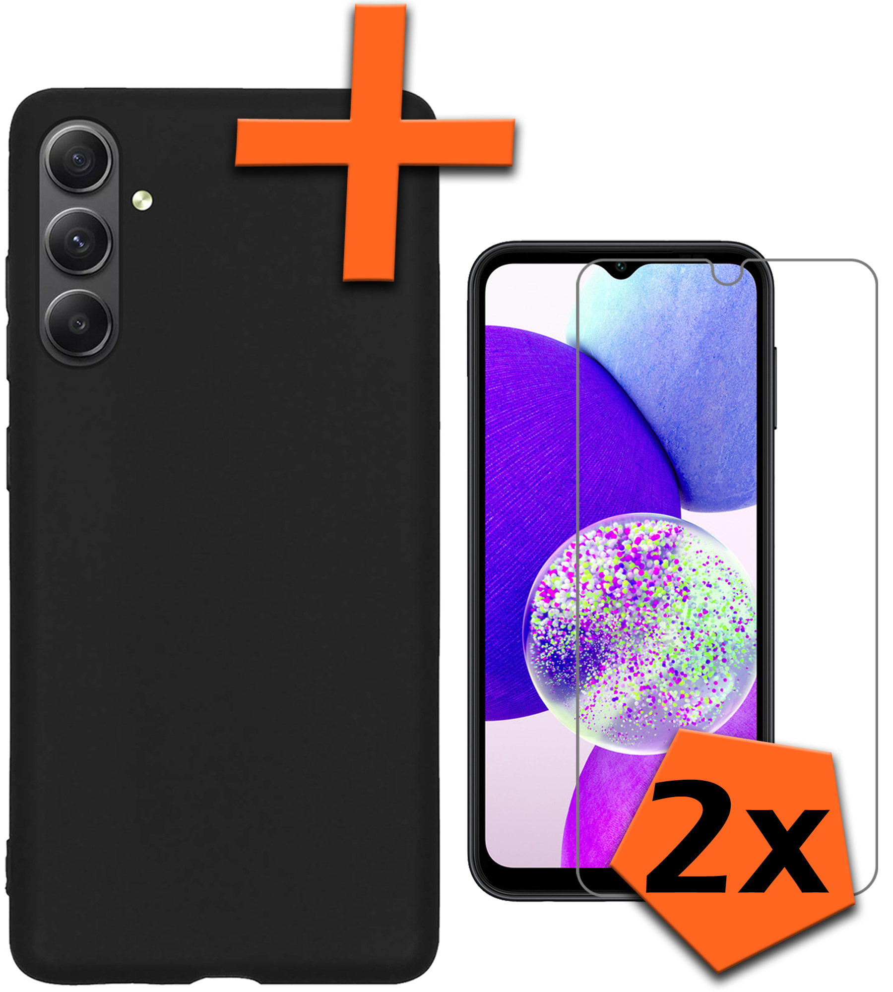 Samsung A14 Hoesje Siliconen Case Back Cover Met 2x Screenprotector - Samsung Galaxy A14 Hoes Cover Silicone - Zwart