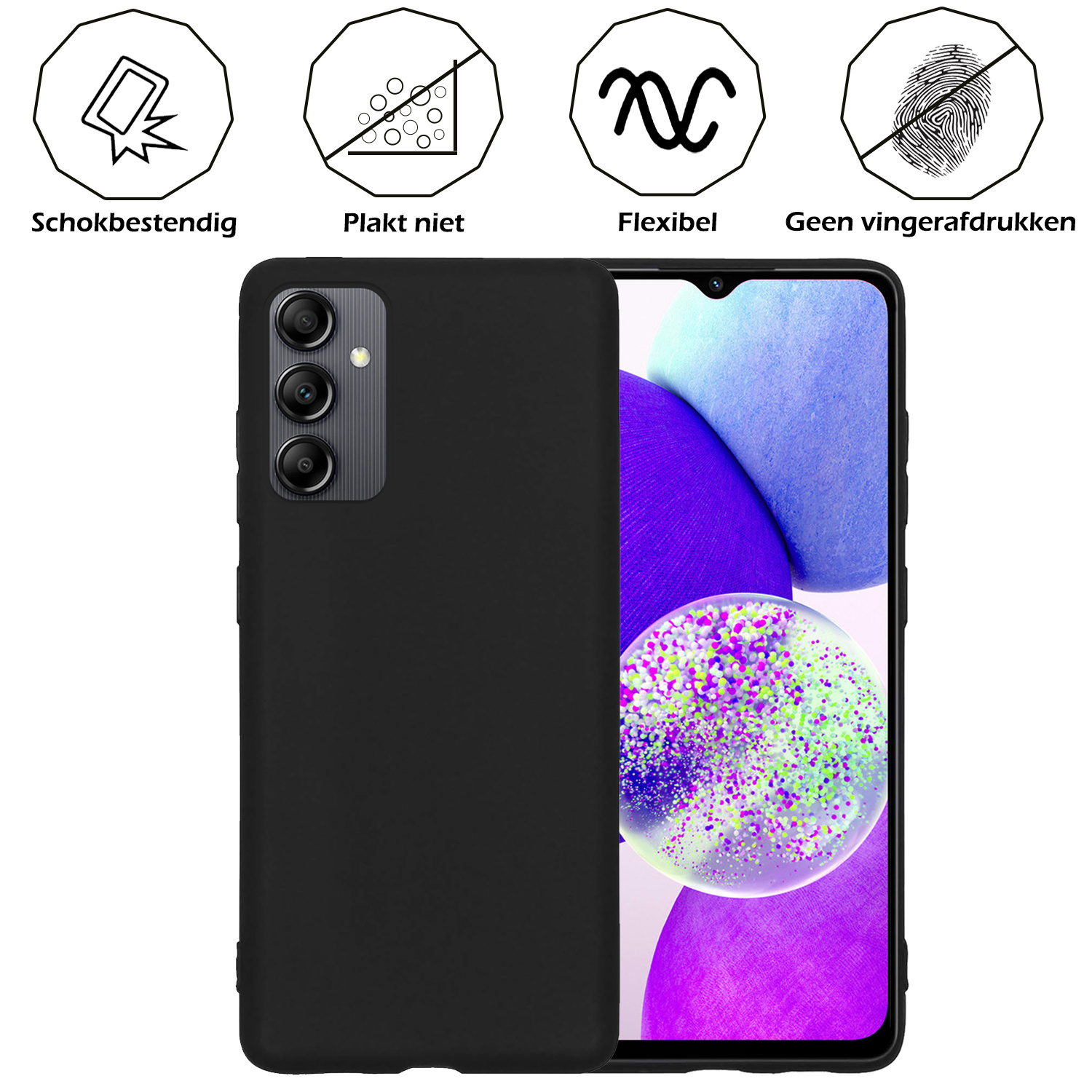 Nomfy Hoesje Geschikt voor Samsung A14 Hoesje Siliconen Cover Case Met 2x Screenprotector - Hoes Geschikt voor Samsung Galaxy A14 Hoes Back Case - Zwart